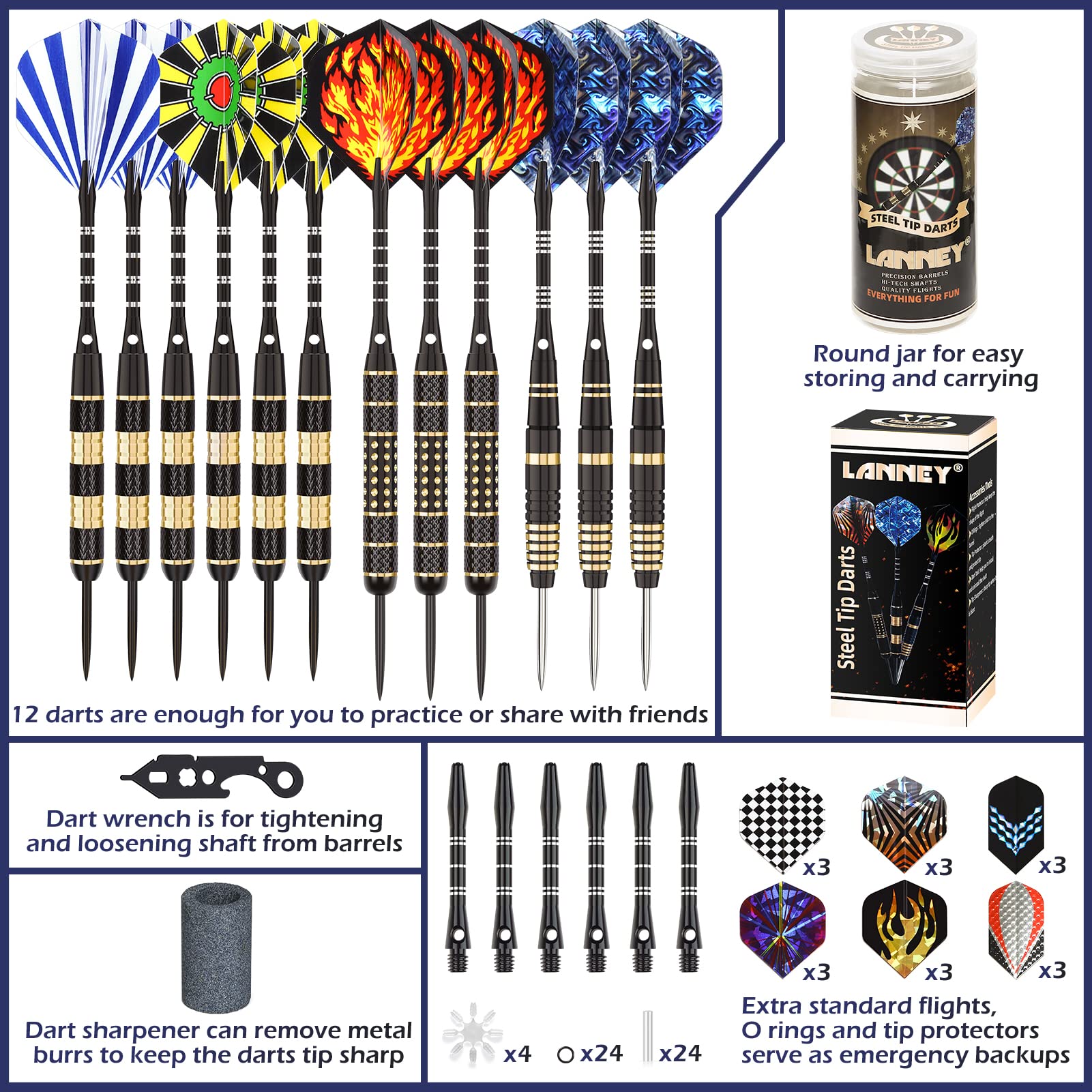 LANNEY Steel Tip Darts Set - 12 Pack Professional Brass Darts with Case