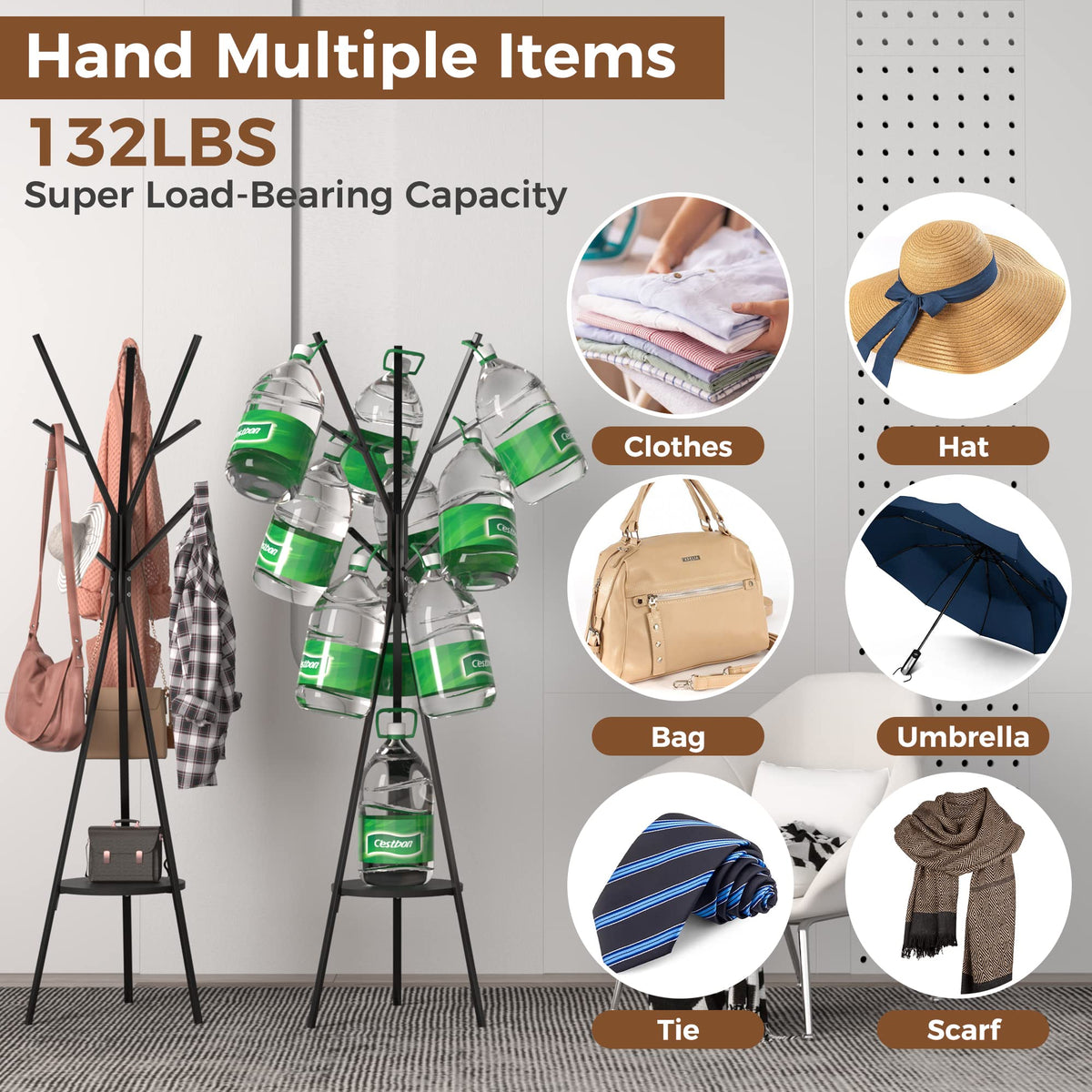 HOME BI Coat Rack Stand, Entryway Standing Coat Tree,Hat Stand Coat Hanger with 9 Hooks for Holding Jacket, Handbag, Clothes, Hats, and Scarves, Black - image 2