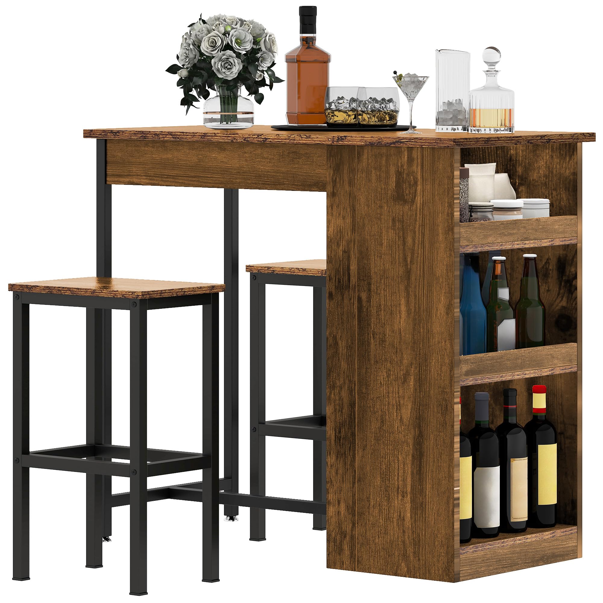 DWVO Breakfast Bar Table and Stools Set | Industrial 3-Shelf Dining Set