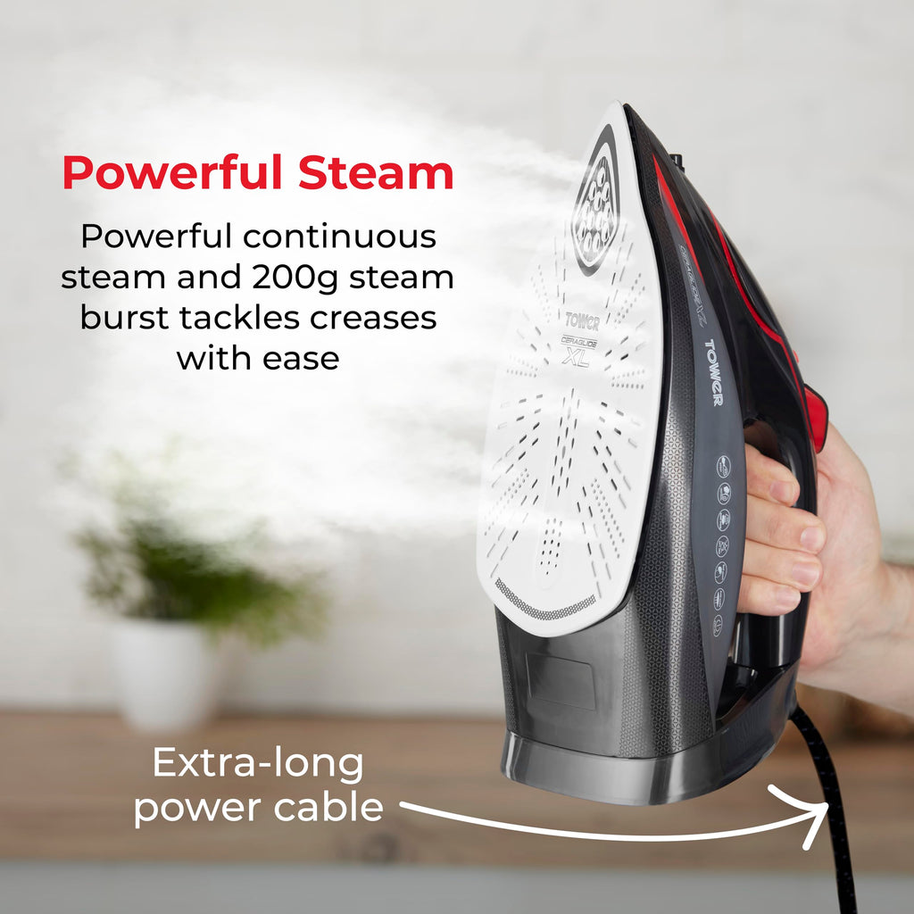 Tower T22034RED Steam Iron | 3100W Ceraglide XL Ceramic Soleplate - Red