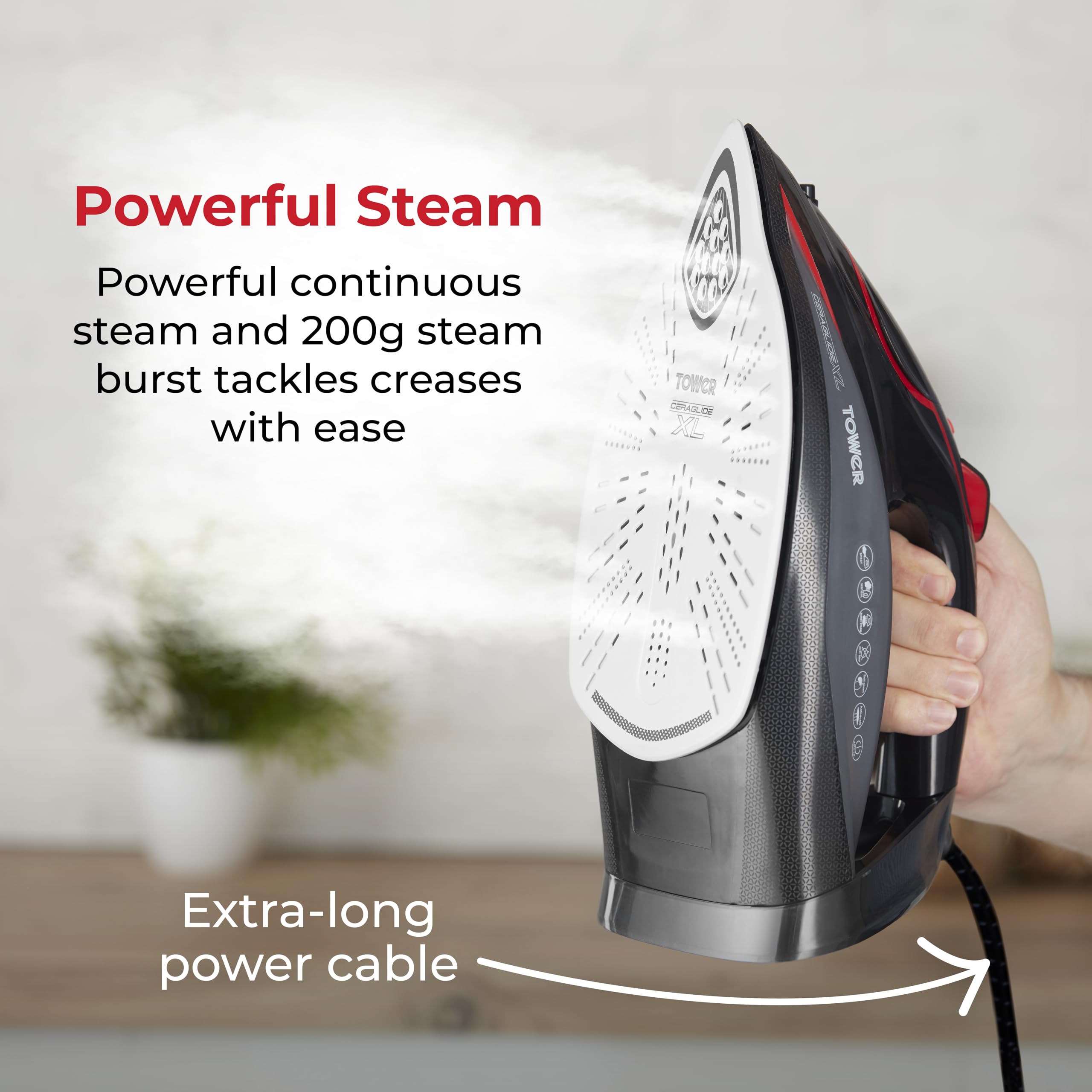 Tower T22034RED Steam Iron | 3100W Ceraglide XL Ceramic Soleplate - Red