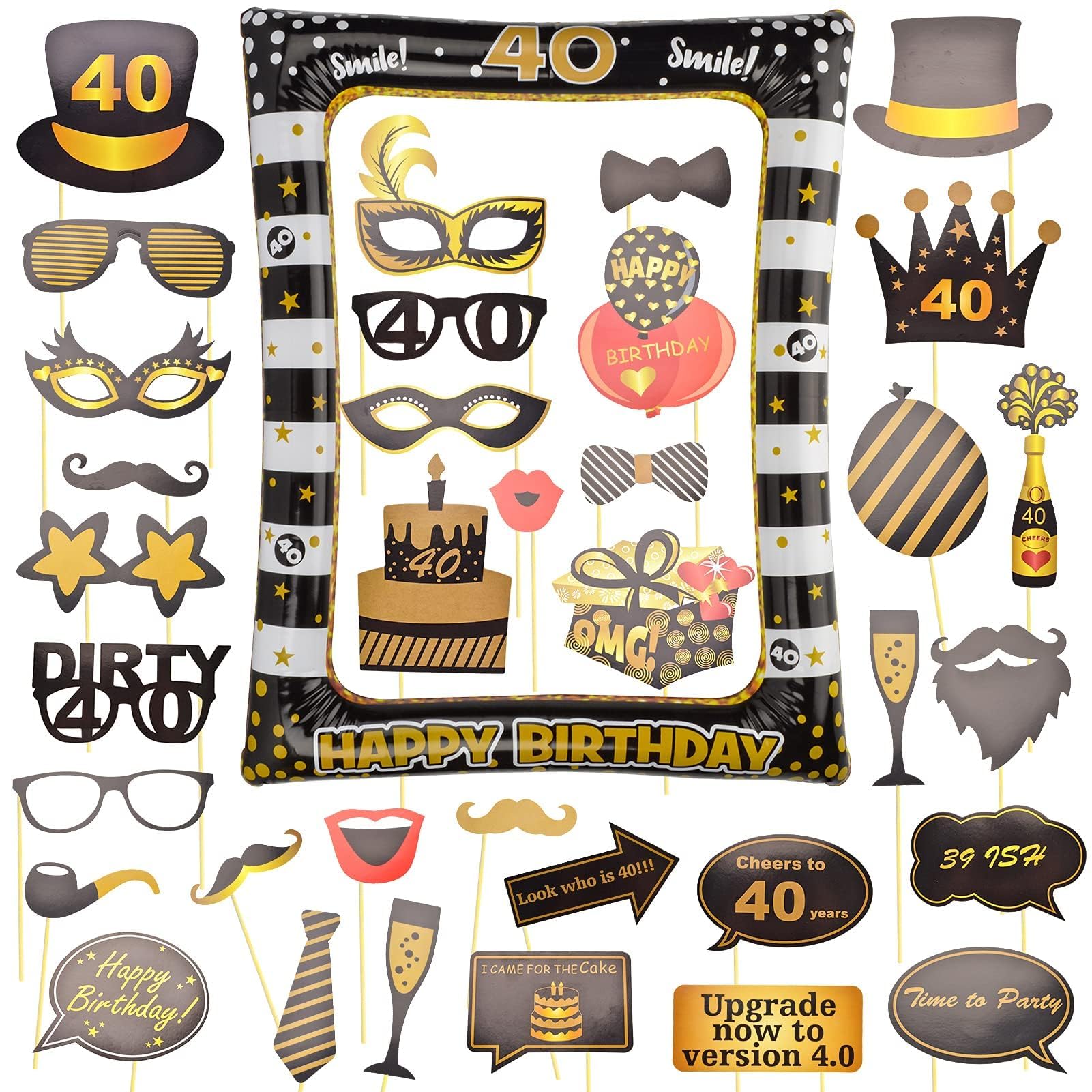 AIBAOBAO 40th Birthday Photo Booth Props – Black Gold Inflatable Selfie Frame