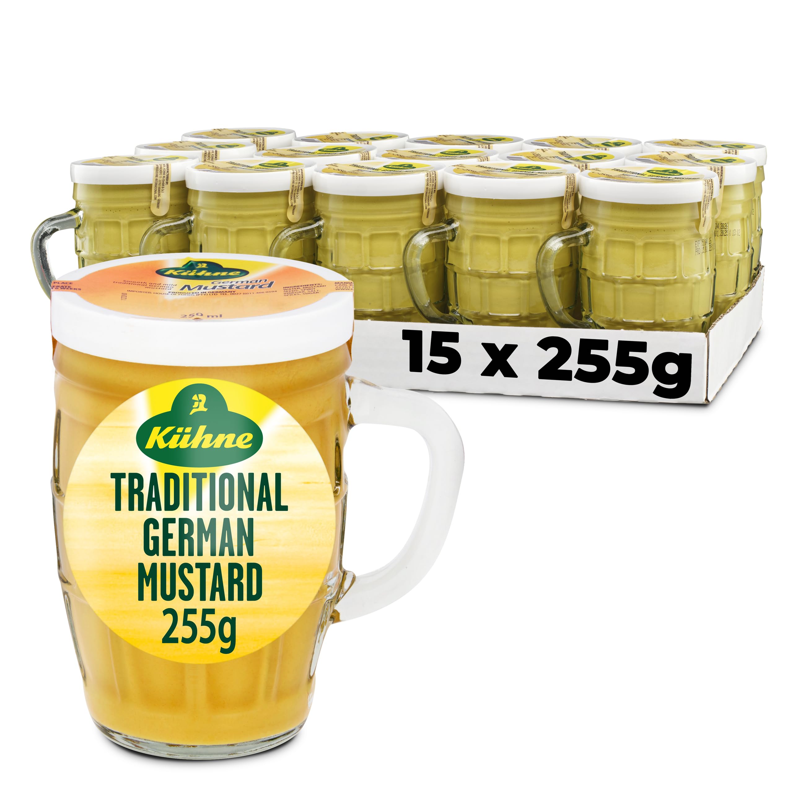 Kuhne German Medium Hot Mustard in Reusable Beer Mug Jar - 250ml (Pack of 15)