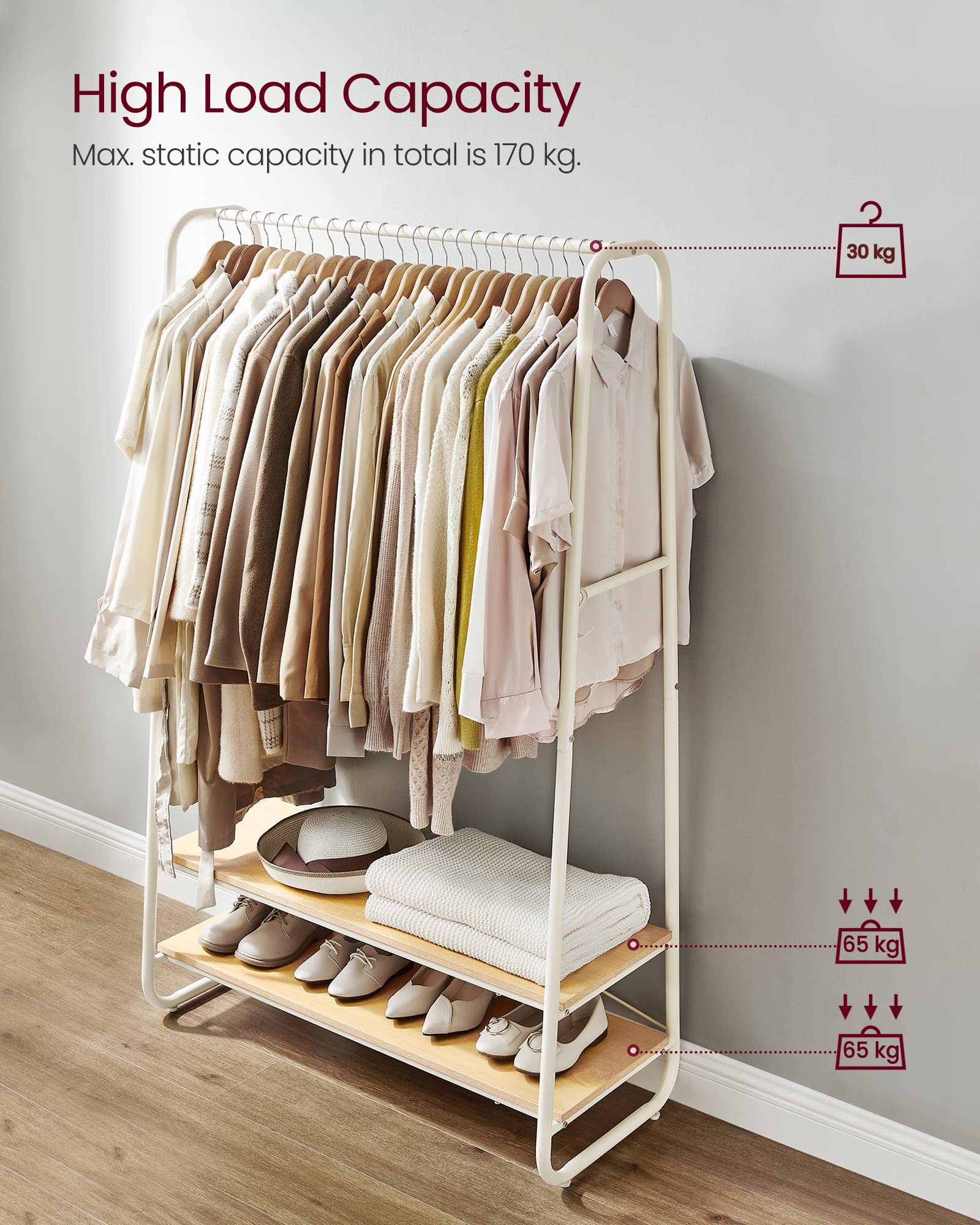 VASAGLE Clothes Rail – Steel Frame Rack with 2 Shelves, Oak & Cream White