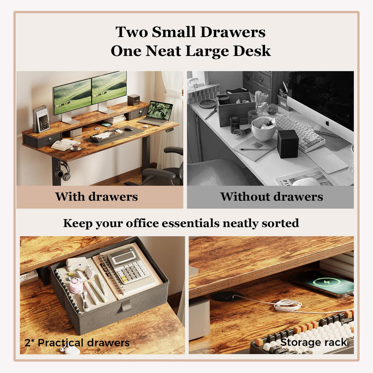 Klicelor Electric Height Adjustable Desk, with 2 Fabric Drawers, 100x60cm - image 4