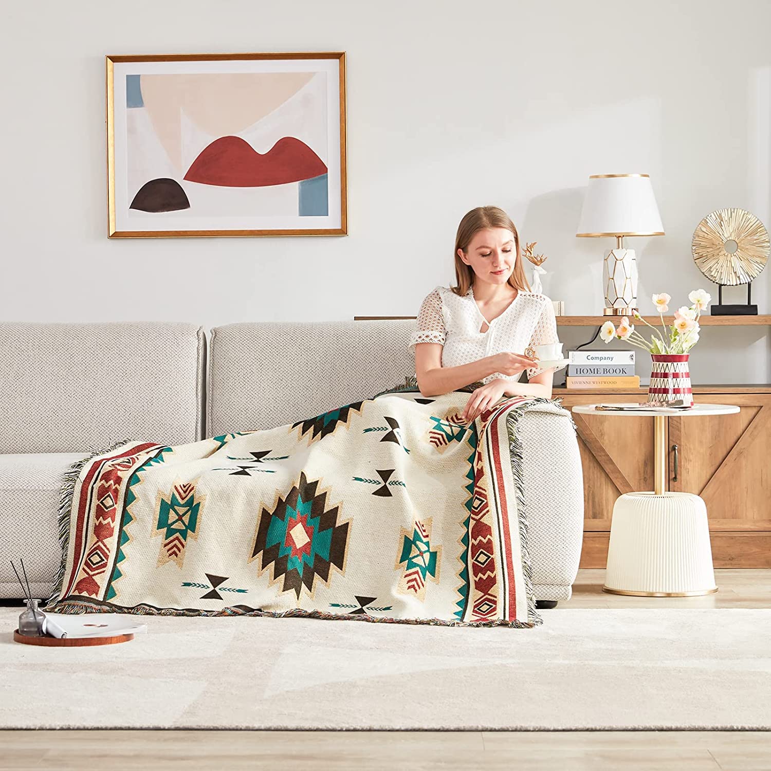 VANJOROY Aztec Cotton Throw Blanket – Handwoven Tribal Boho Sofa Cover