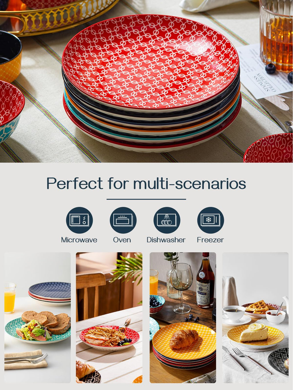 DOWAN 21.6cm Ceramic Side Plates – Set of 6 Colorful Geometric Dessert Plates