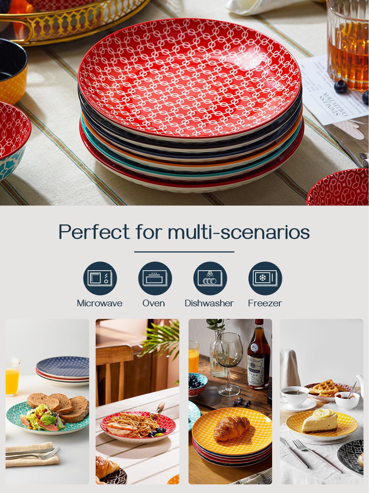 DOWAN 21.6cm Ceramic Side Plates – Set of 6 Colorful Geometric Dessert Plates
