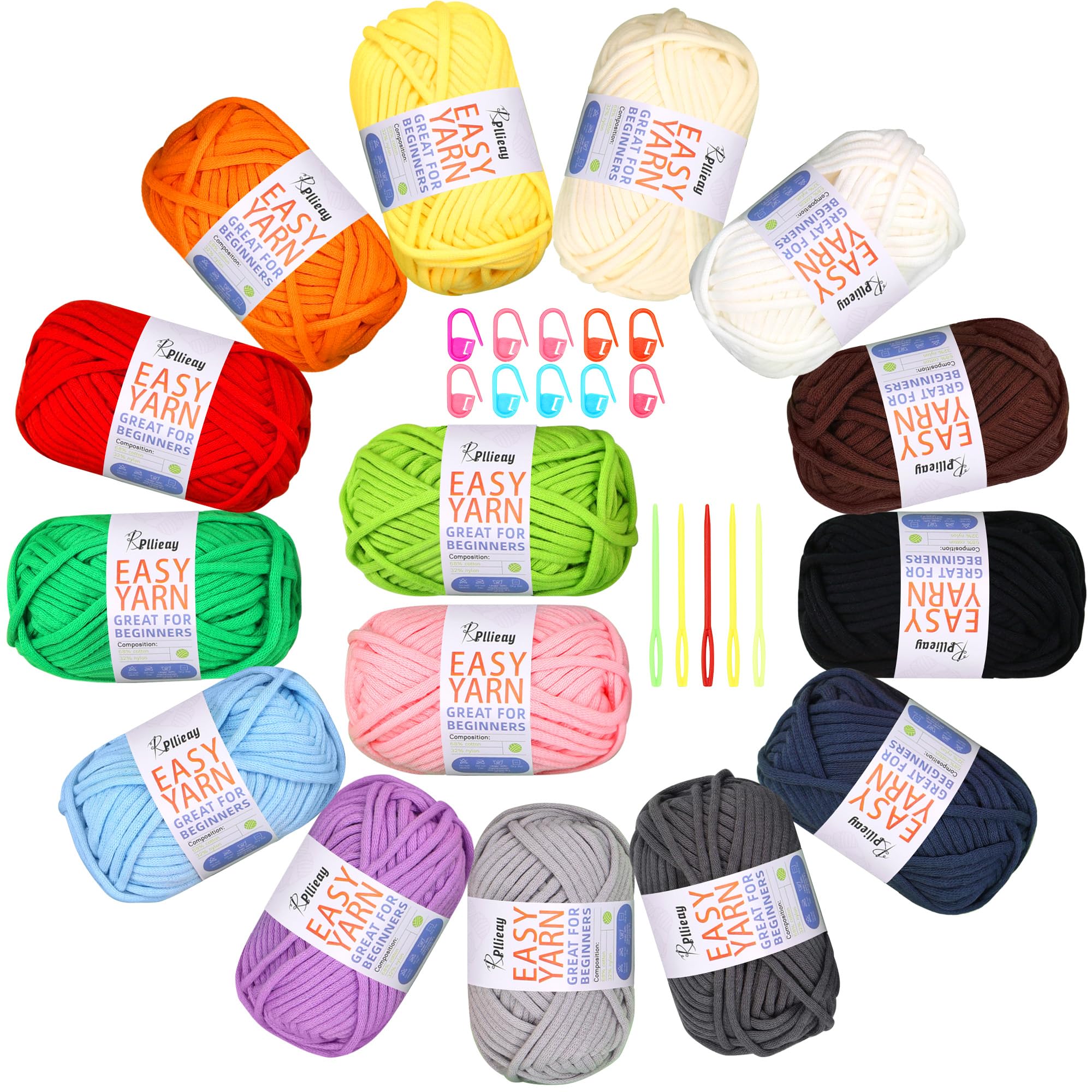Pllieay Cotton-Nylon Chunky Crochet Yarn Kit for Beginners - 15 Colors
