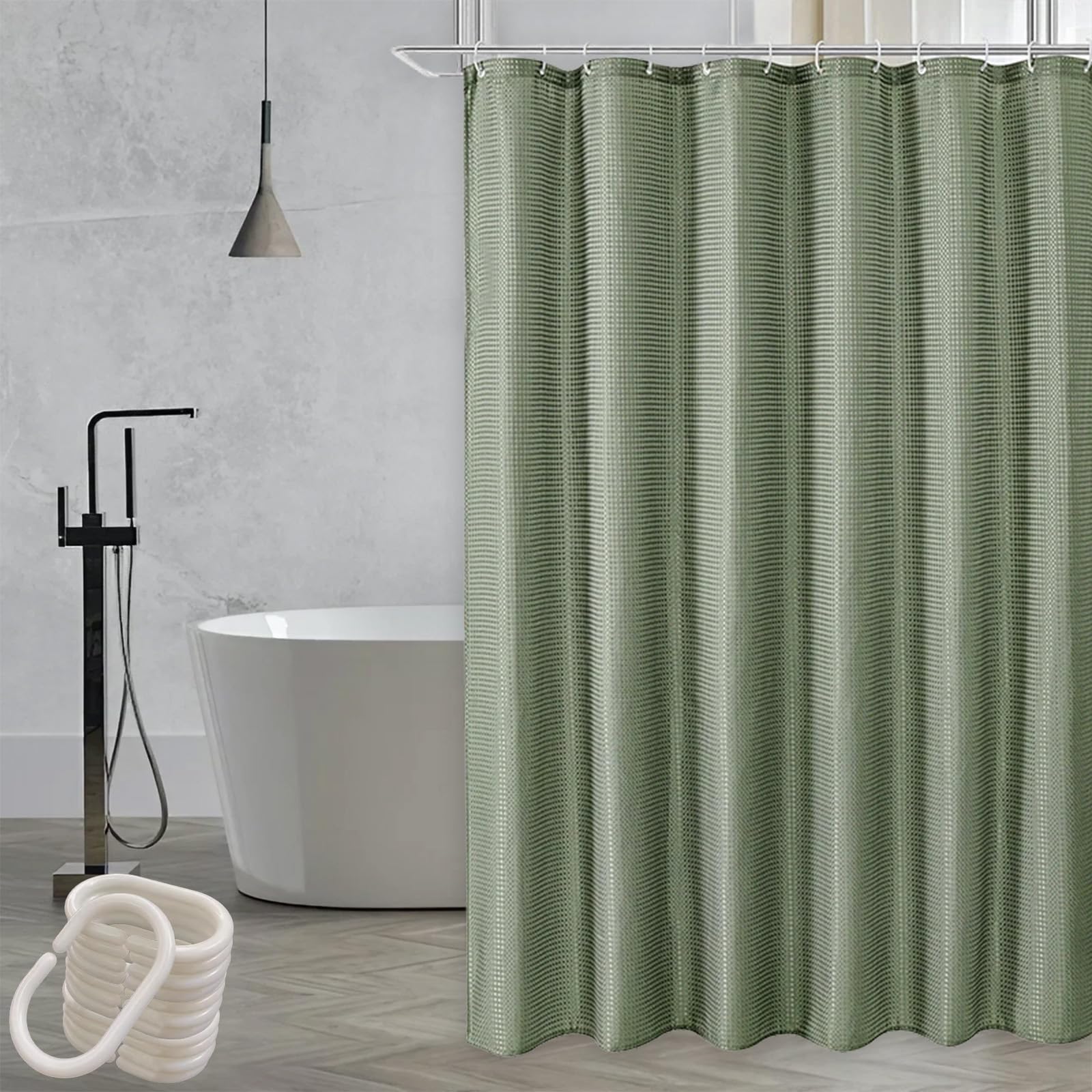 Waffle Shower Curtain – Green Weighted Waterproof Fabric