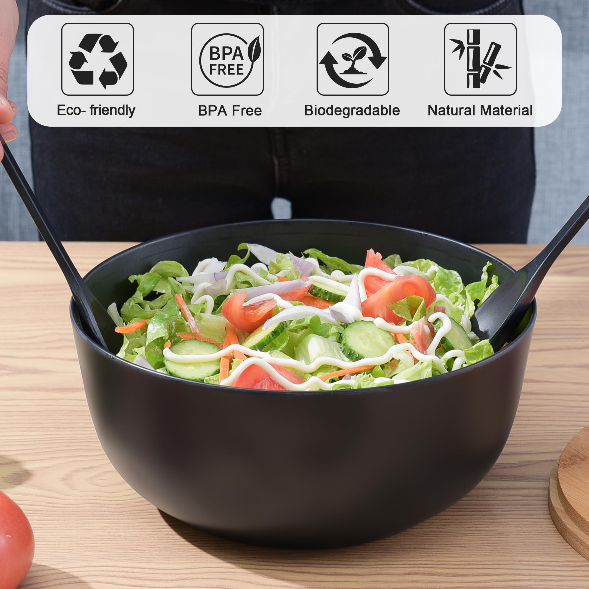 GEHE Bamboo Salad Bowl with Servers - 9.8 Inch Wooden Mixing Bowl with Lid