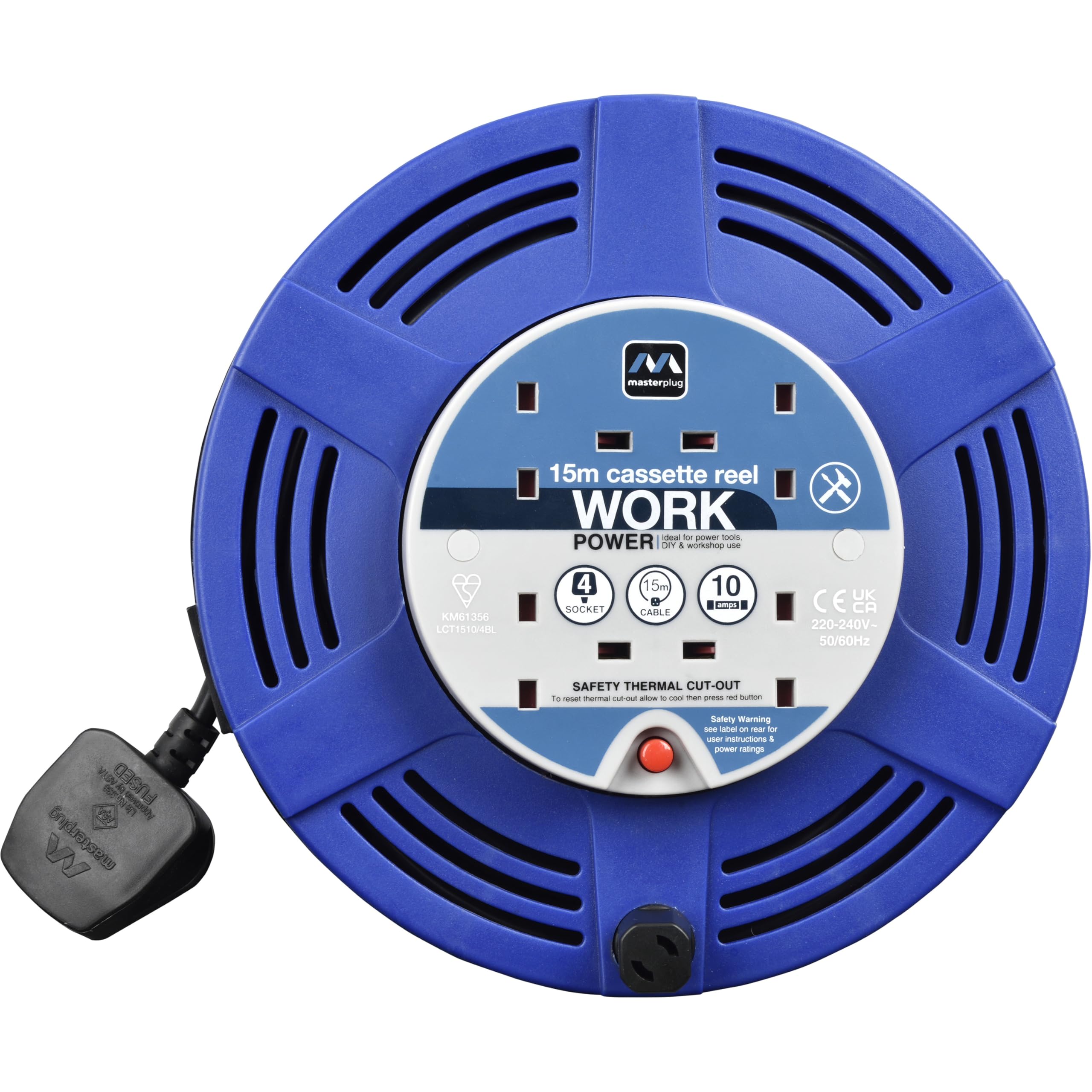 Masterplug 15m Extension Lead Reel – 4 Socket Retractable Power Cord