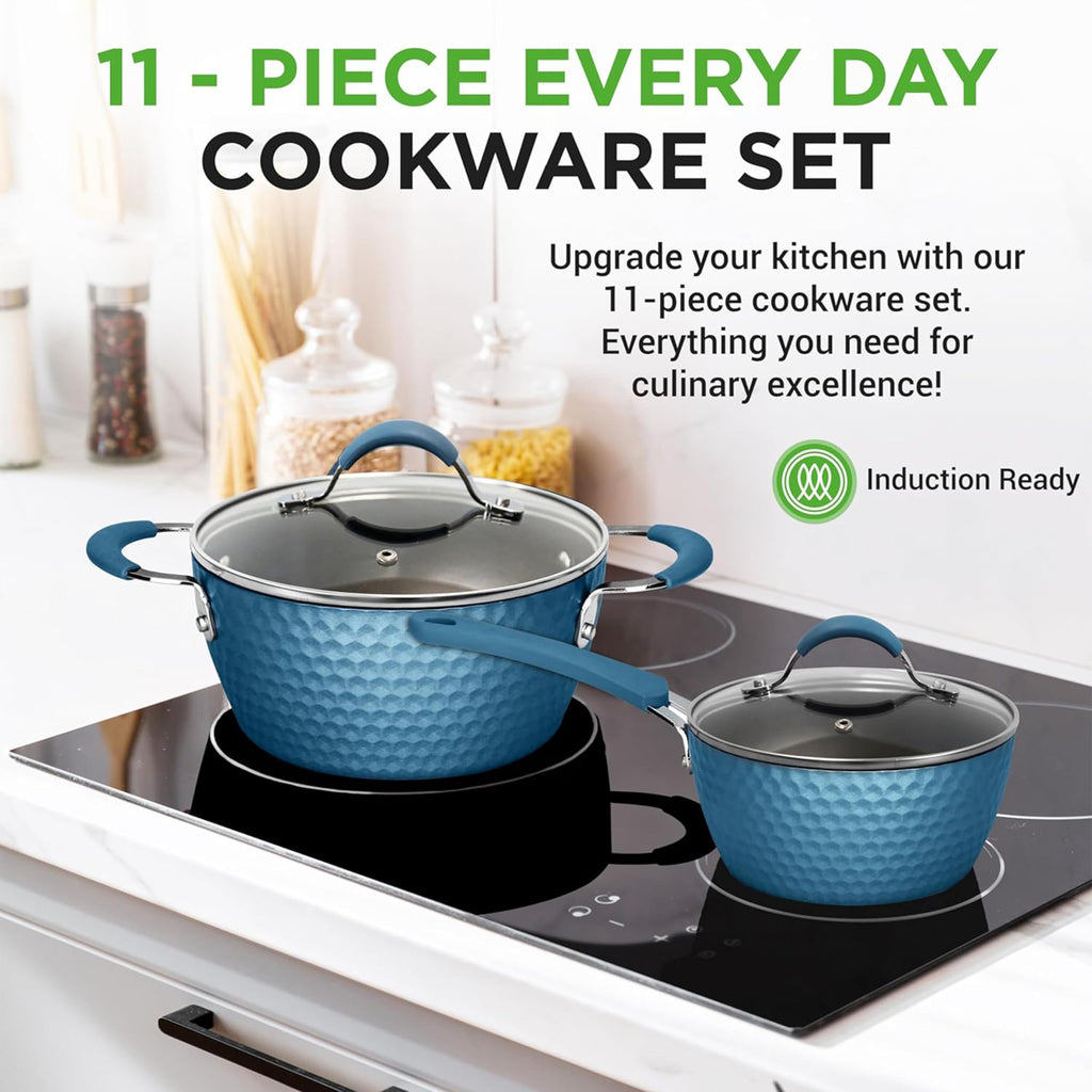 NutriChef 11-Piece Nonstick Ceramic Cookware Set - Induction Ready, Blue