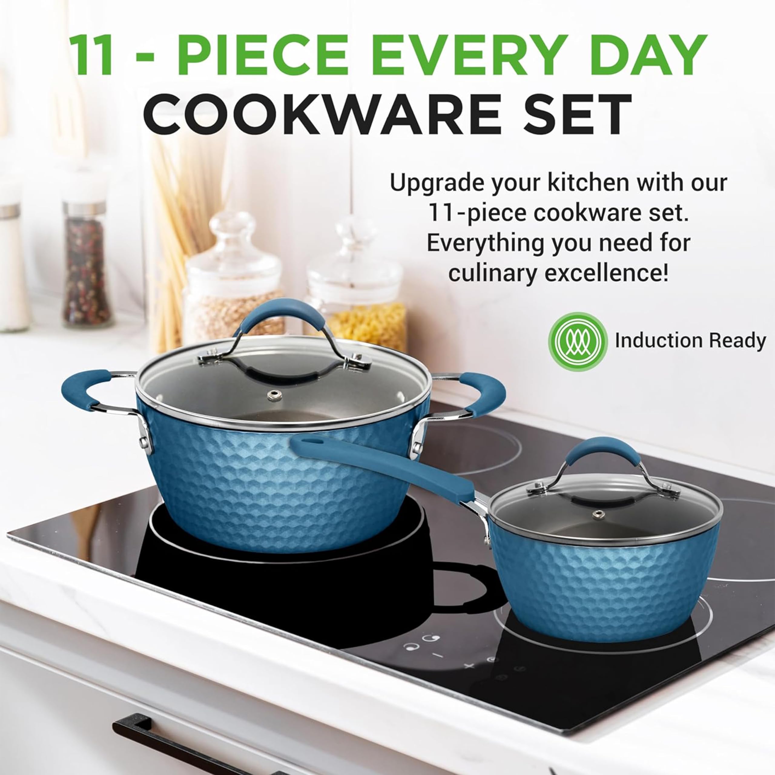 NutriChef 11-Piece Nonstick Ceramic Cookware Set - Induction Ready, Blue
