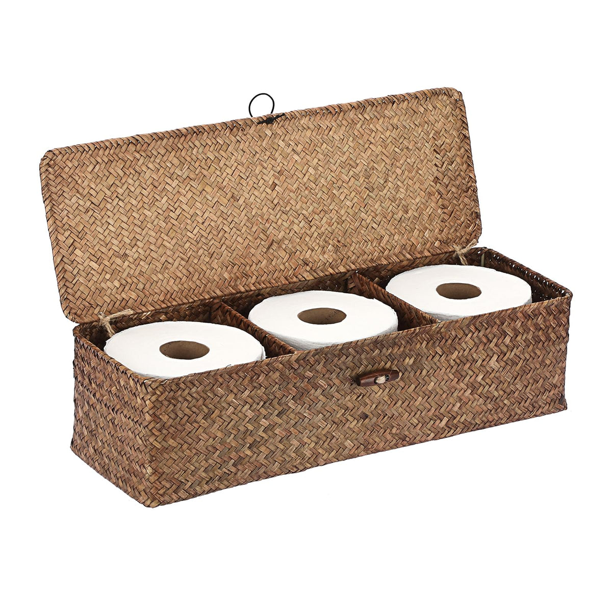 IGNPION 3-Compartment Seagrass Storage Baskets with Lid Woven Seagrass Desktop Basket Bathroom Storage Organiser Box - image 4