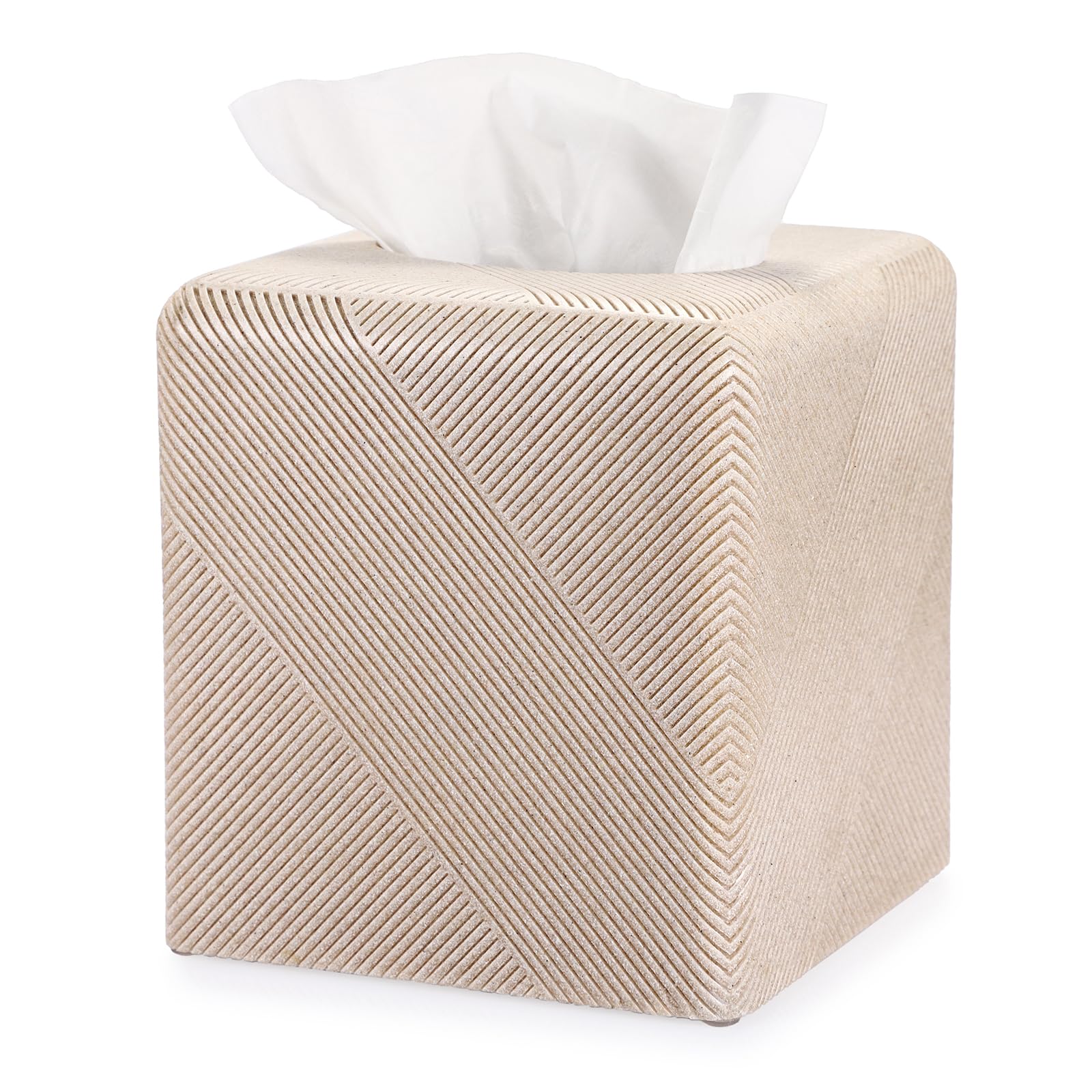 BTSKY Square Resin Tissue Box Cover – Beige Striped Concrete Holder