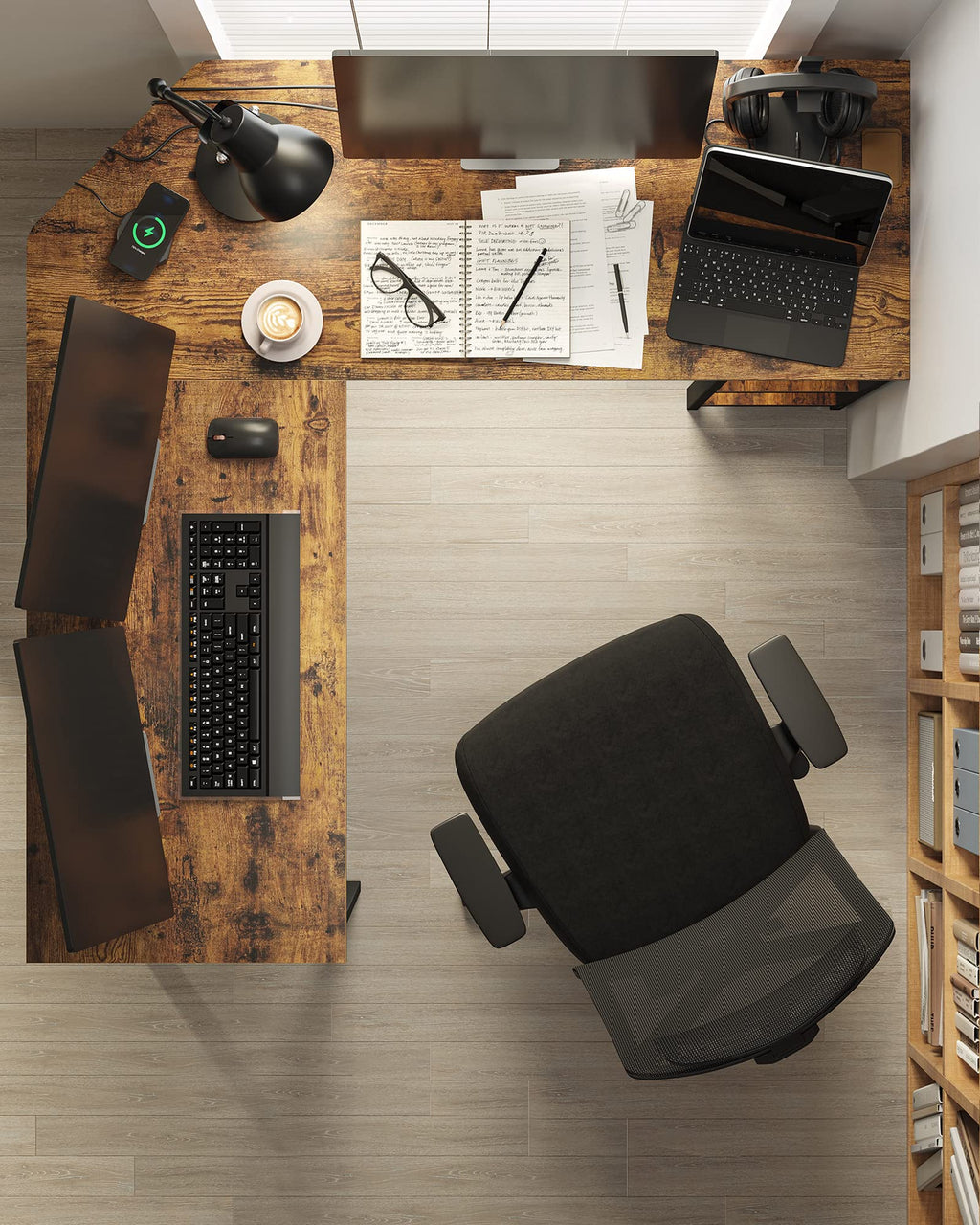 VASAGLE L-Shaped Computer Desk – Rustic Gaming Workstation with Shelves
