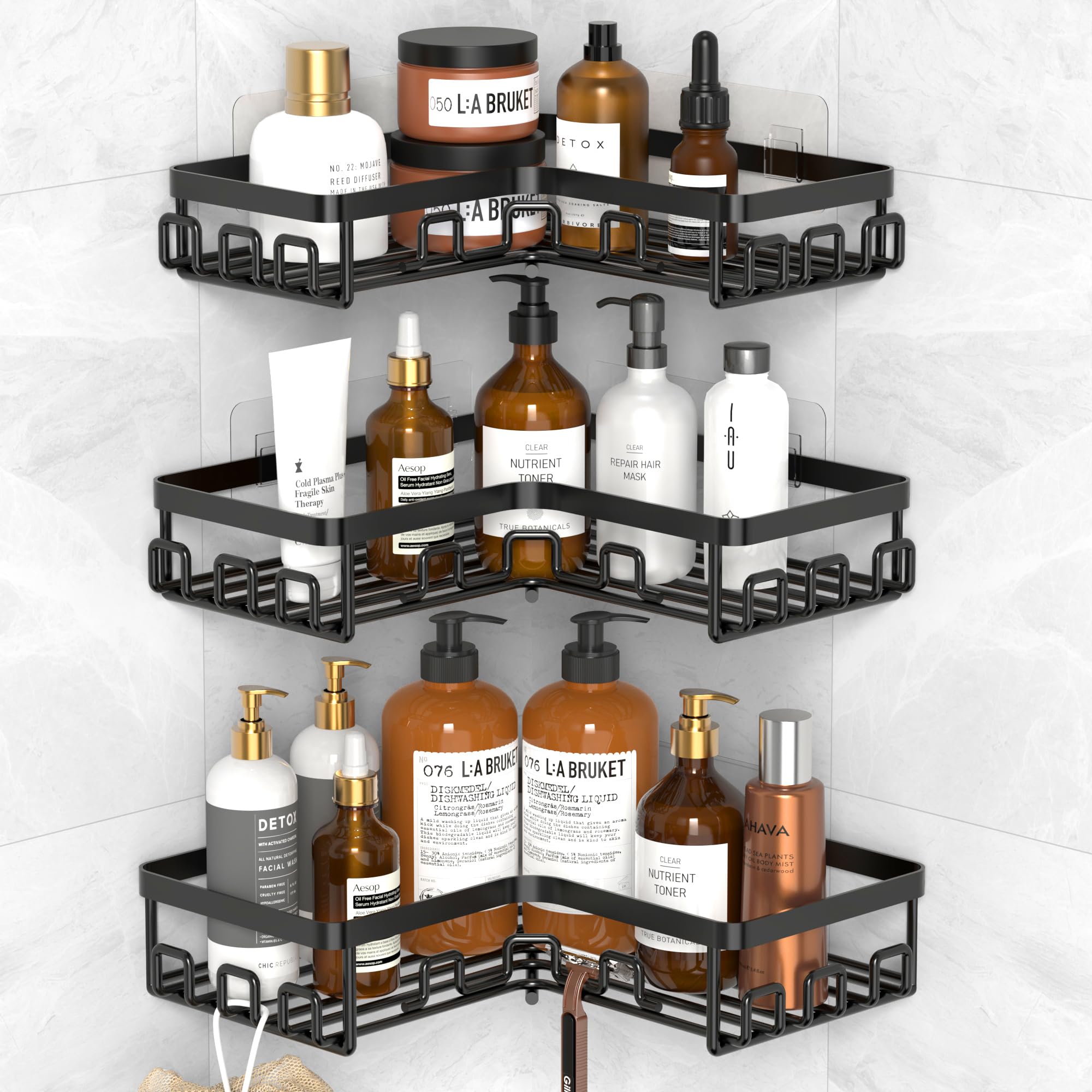 Kegii Corner Shower Caddy - 3-Piece Adhesive Stainless Steel Shelf - Black