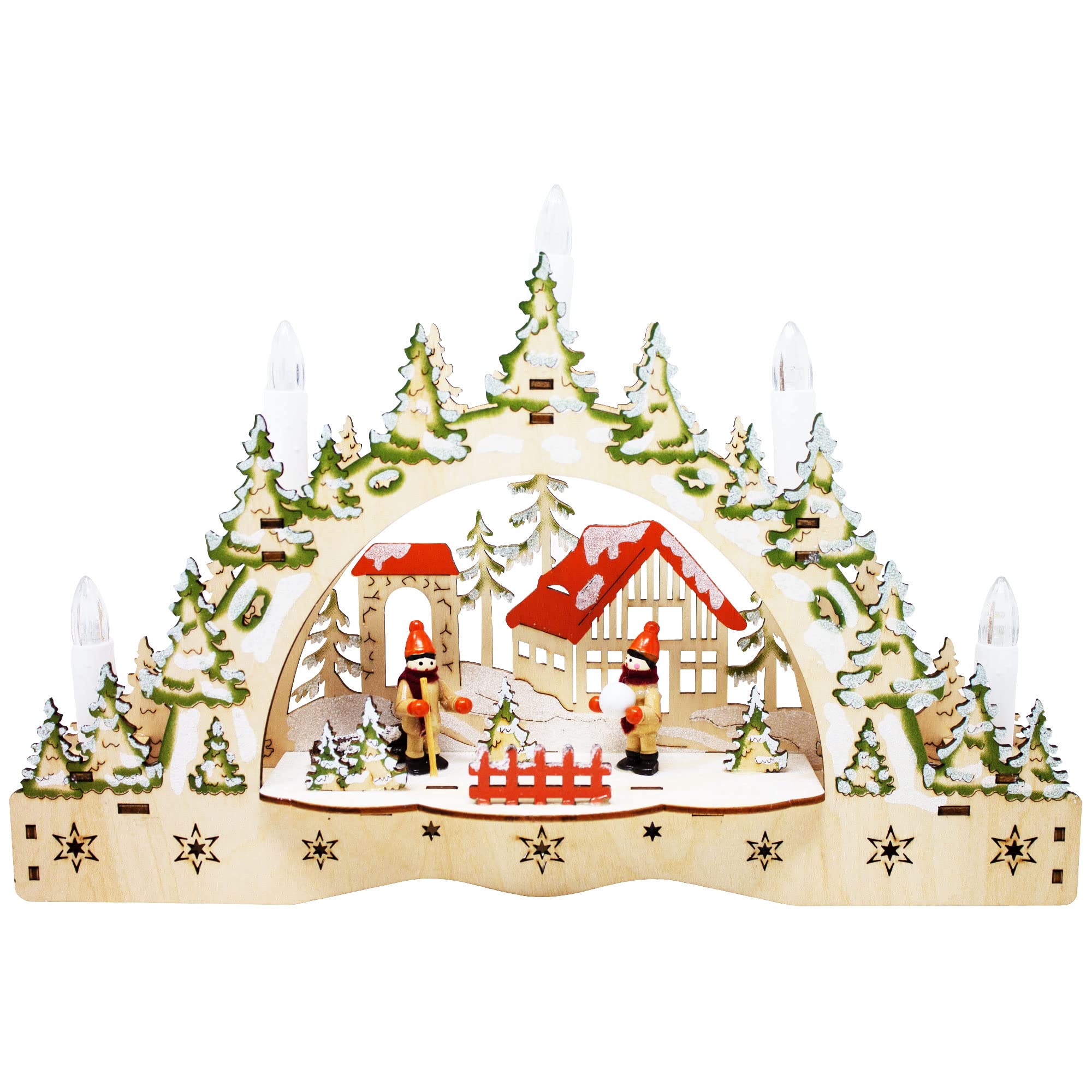 ToCi LED Candle Arch - Wooden Snowball Fight Motif Christmas Light