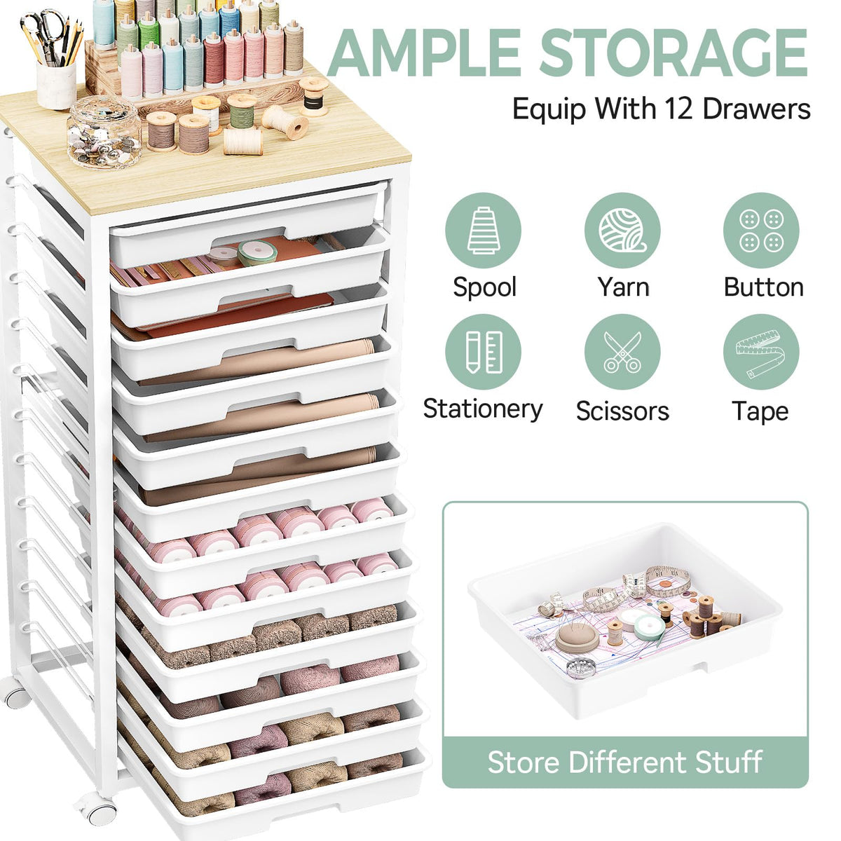 SYKIARIOL 12-Drawer Storage Trolley Rolling Cart with Wooden Top, White - image 3