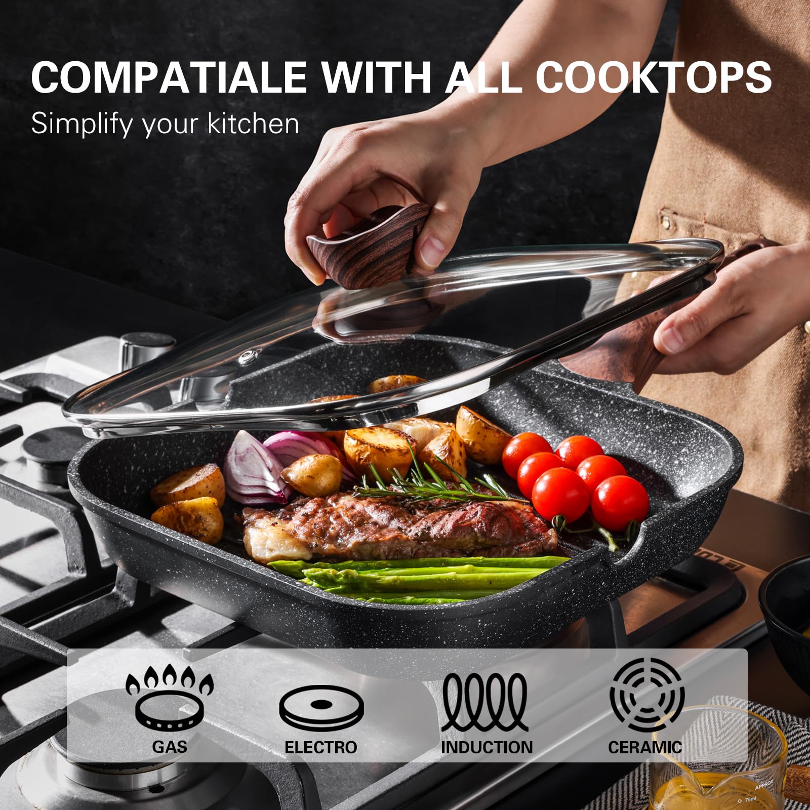 Kordisen 11 Inch Nonstick Square Grill Pan with Lid – Granite Coating