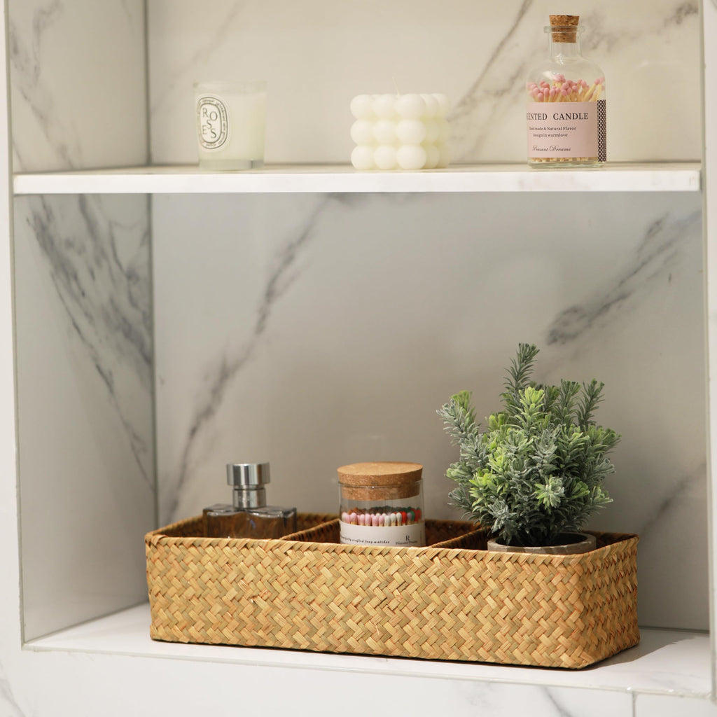 Seagrass Storage Basket with 3 Sections Woven Shelf Baskets for Organizing Natural, 37cm x 12cm x 8cm - image 3
