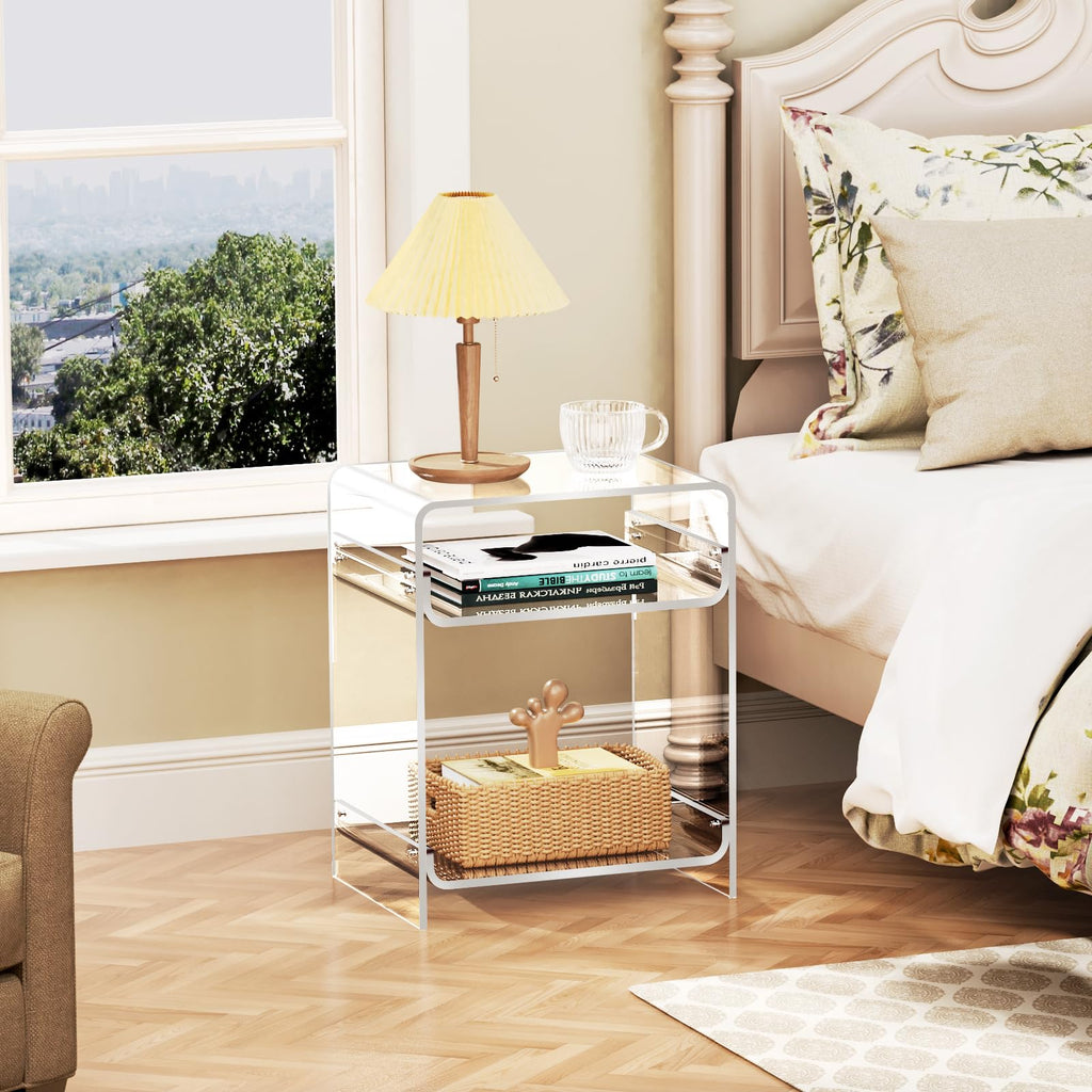 Acrylic End Table with Storage Shelf, Clear Side Table, Record Player Table, Nightstand, 15.7x19.7x11.8 Clear, 40×30×50 cm