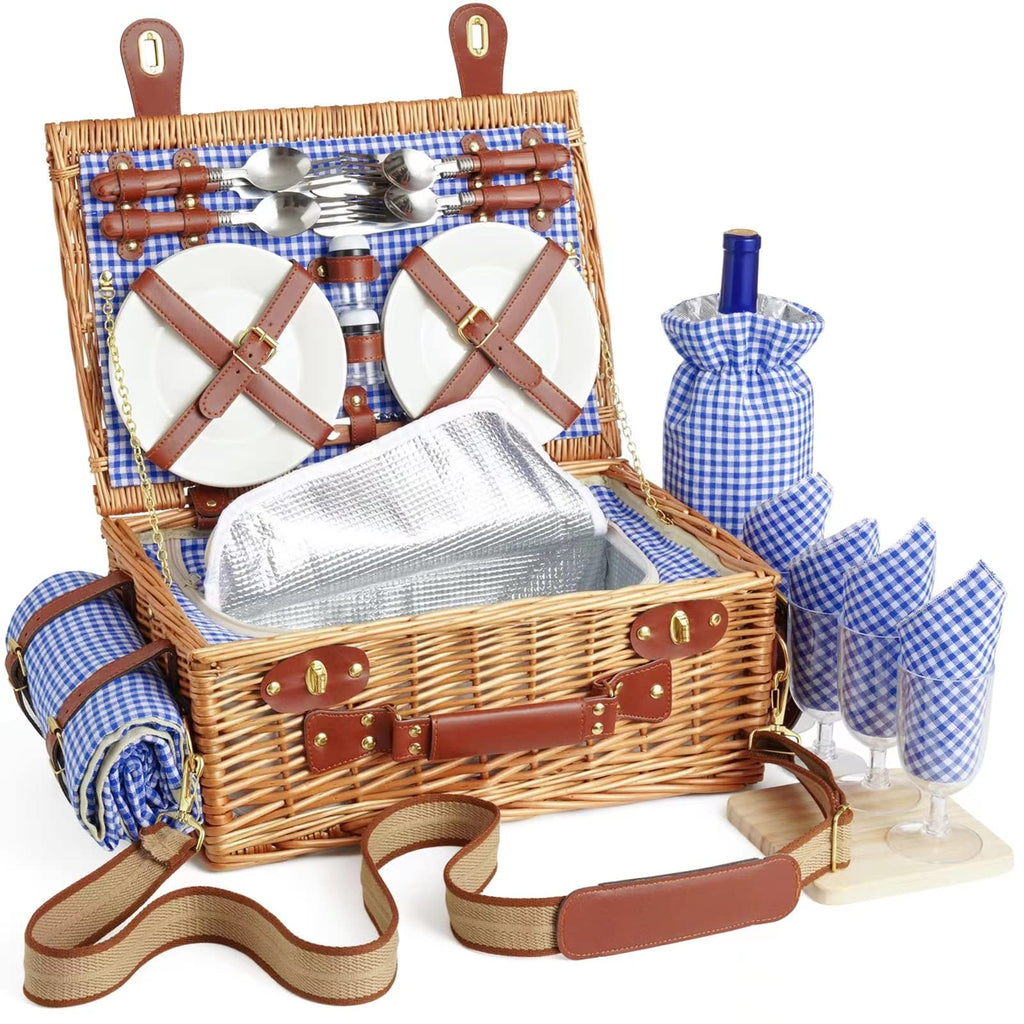 DHAEE Wicker Picnic Basket Set for 4 – Insulated Cooler & Waterproof Blanket