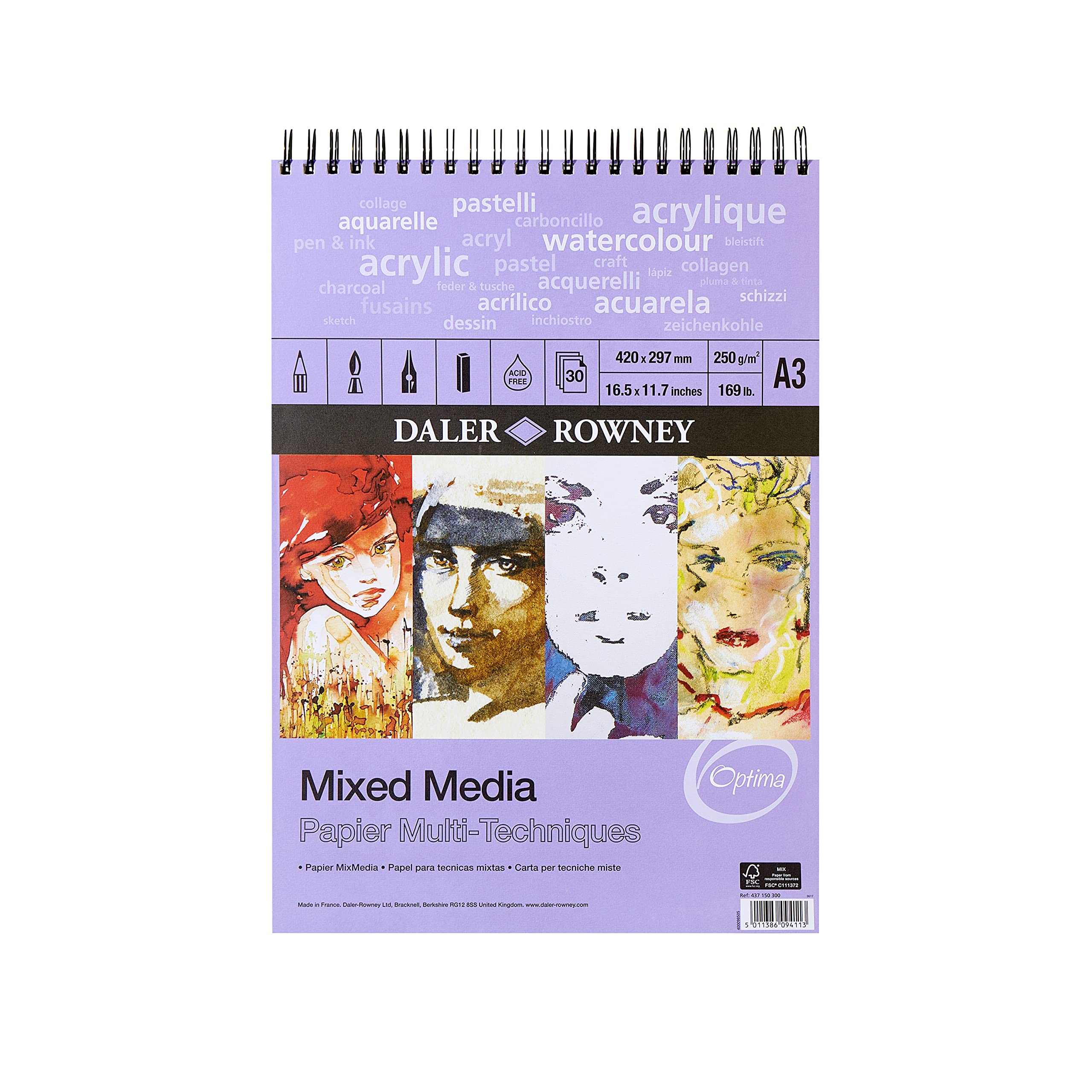 Daler Rowney Mixed Media Spiral A3 Sketchbook | 250gsm Acid-Free Paper
