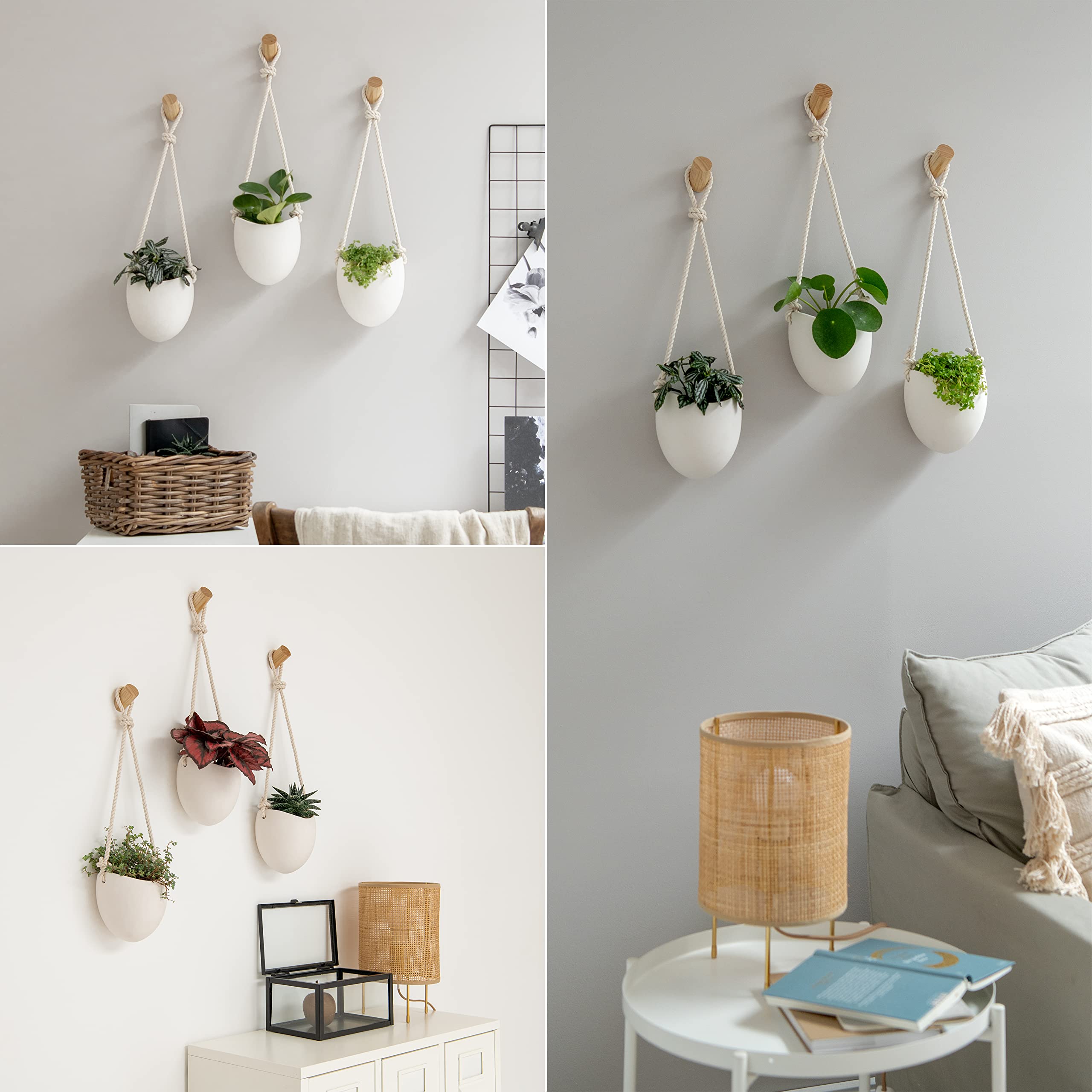 Kazai Porcelain Wall Vases - 3 Piece Set with Wooden Hooks - Matte White