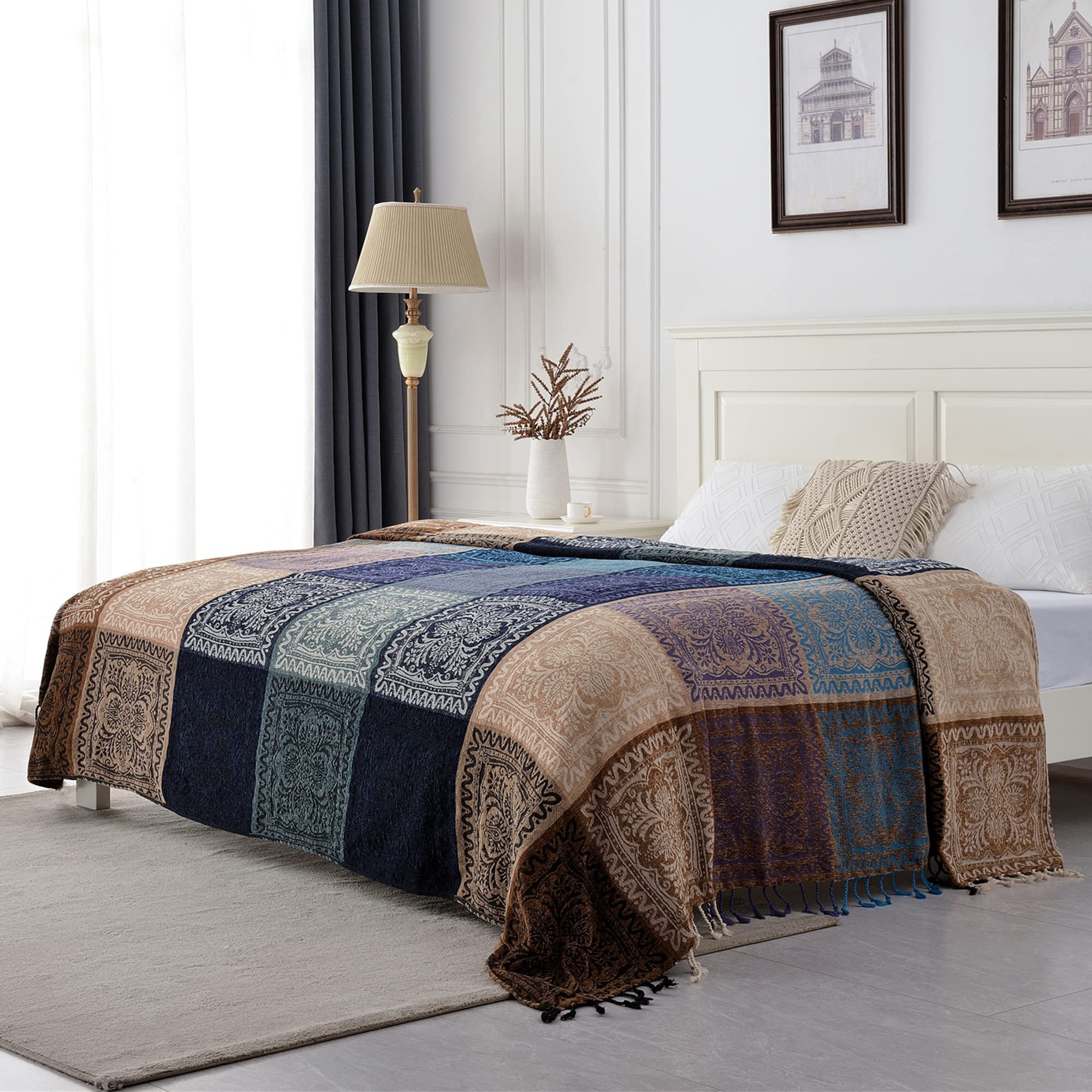 Edcooy Boho Chenille Throw Blanket – Colorful Tassel Sofa & Chair Cover