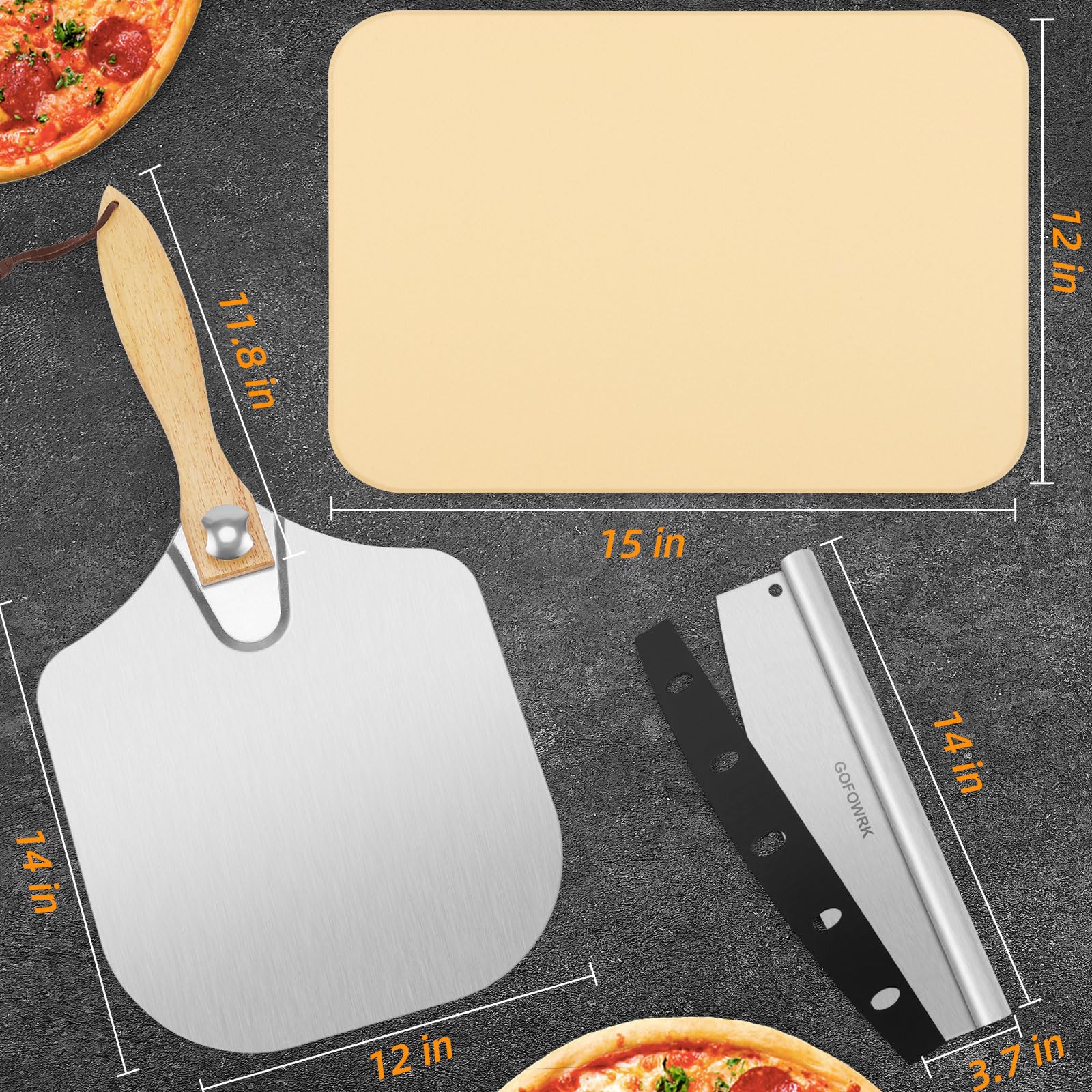 GOFOWRK Cordierite Pizza Stone Set – 38x30cm Rectangle Baking Stone, 5 PCS