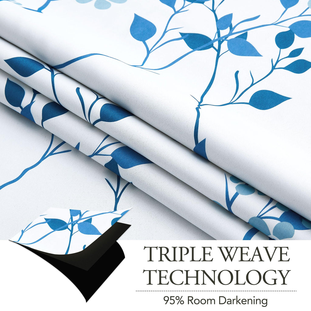 Beauoop Navy Blue Floral Blackout Curtains | Thermal Insulated 90 Inch Drop