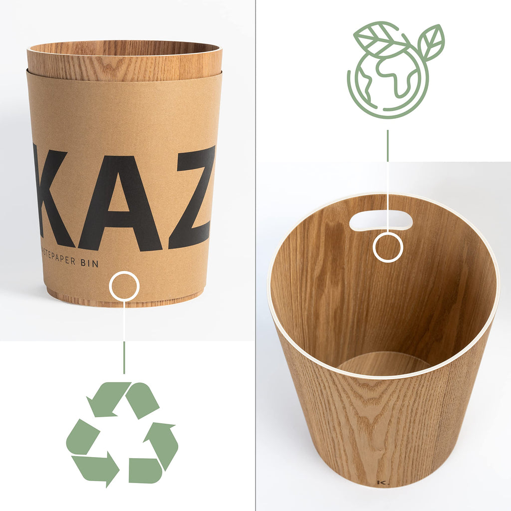 Kazai Börje Real Wood Waste Paper Bin – 9L Ash Wooden Trash Basket