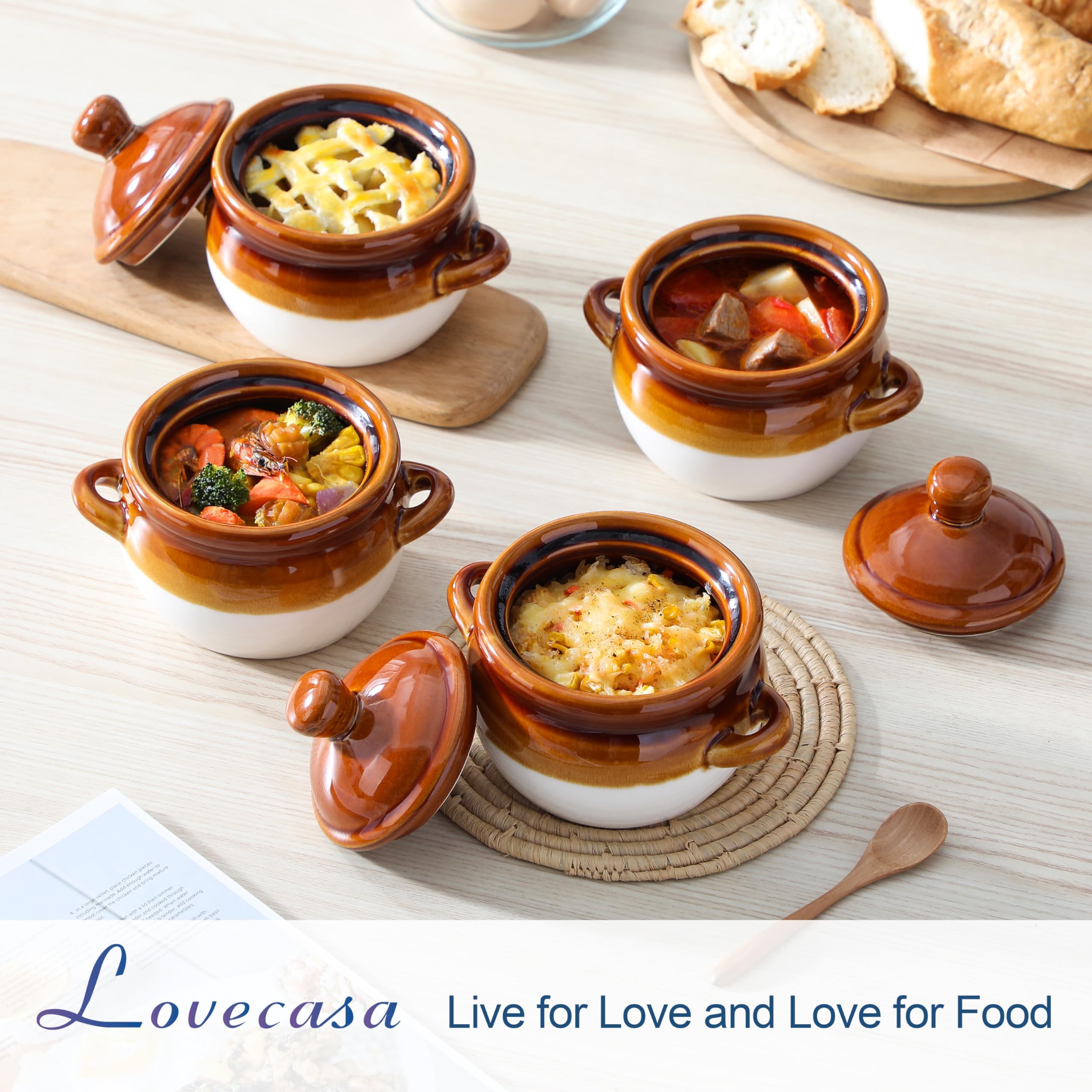 LOVECASA 22 Oz Ceramic French Onion Soup Bowls with Handles and Lids