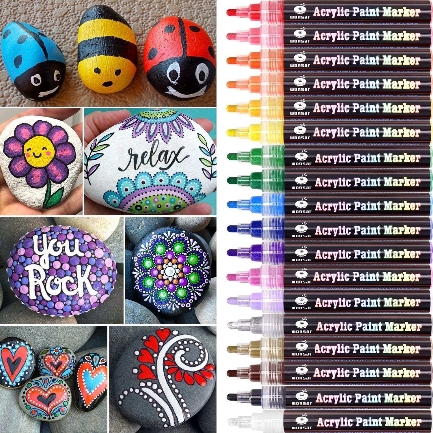 Wonsar Acrylic Paint Pens | 18 Colors Medium Tip Markers for Rock Painting