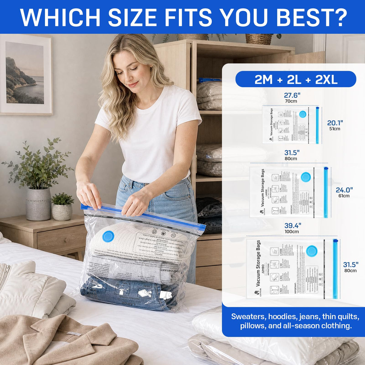 CaptainFive Vacuum Storage Bags 6-Pack 2 Jumbo + 2 Large + 2 Medium, Space Saver Sealer Vacuum Bags for Clothes, Pillows, Duvets, Bedding