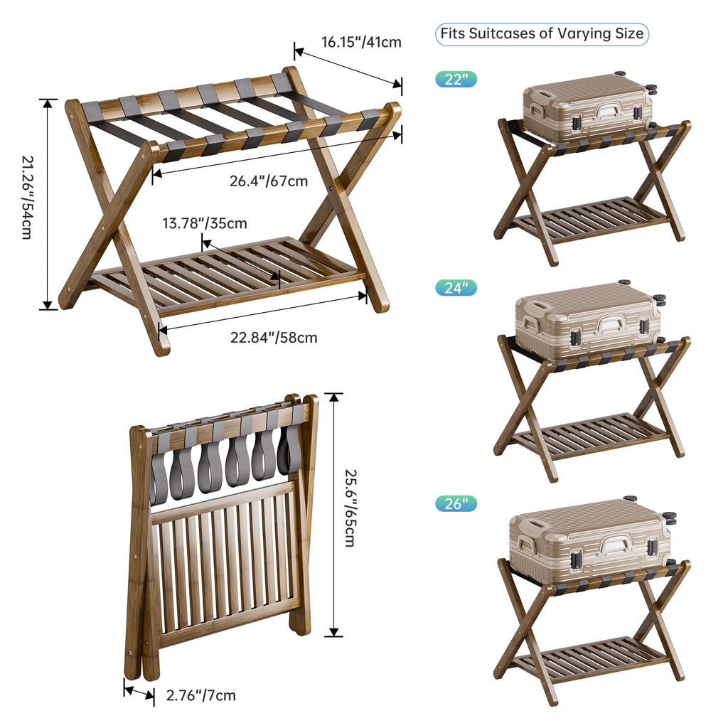 SMIBUY Foldable Bamboo Luggage Rack with Storage Shelf - Walnut