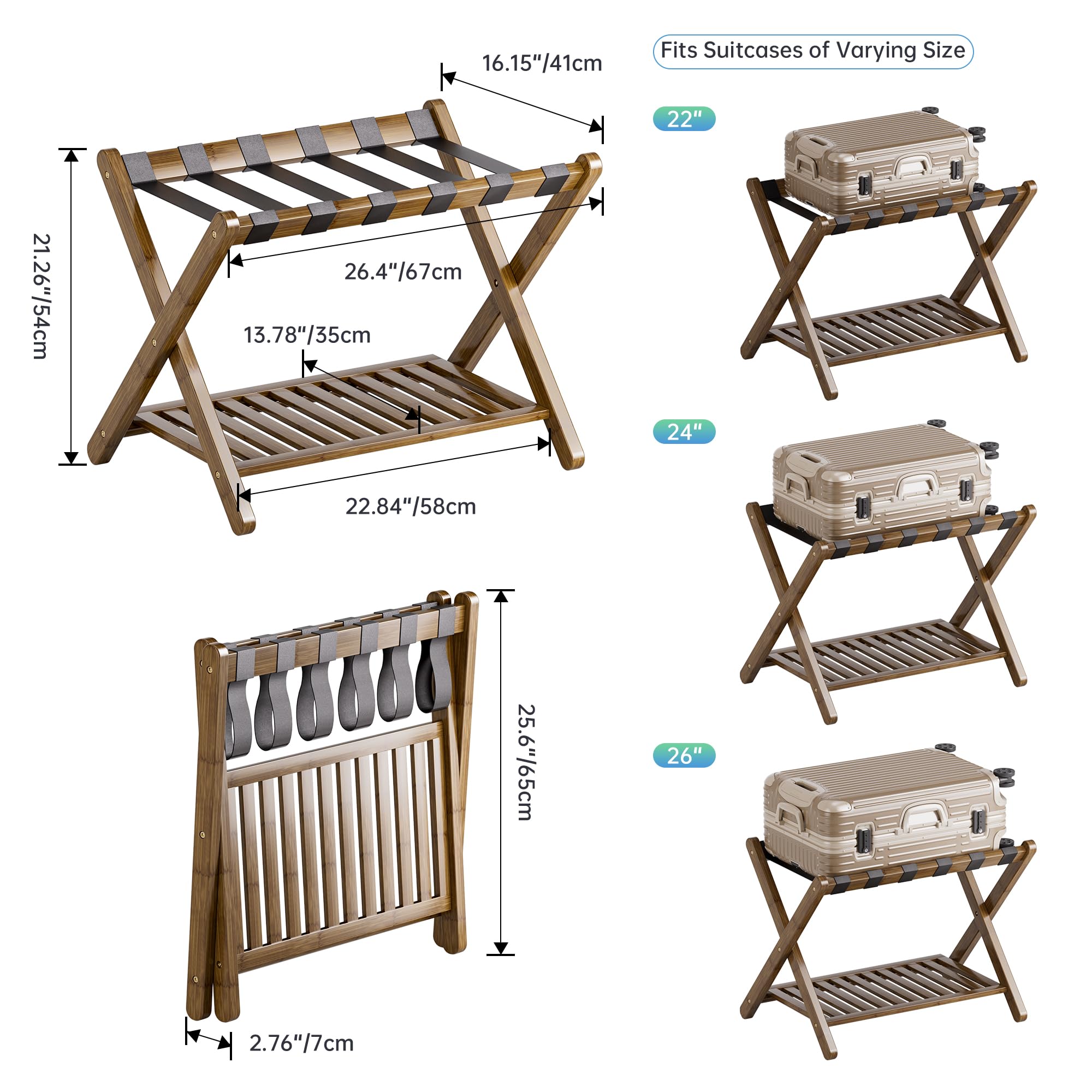 SMIBUY Foldable Bamboo Luggage Rack with Storage Shelf - Walnut