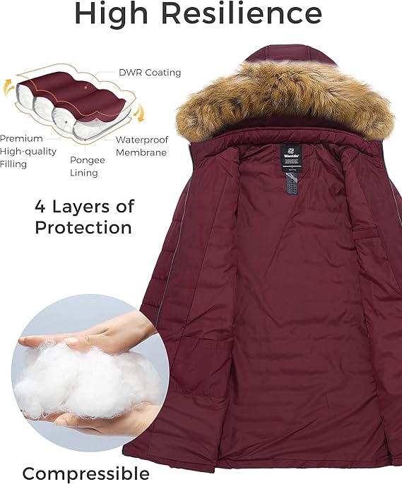 Wantdo Women's Long Puffer Jacket – Waterproof Winter Coat with Hood