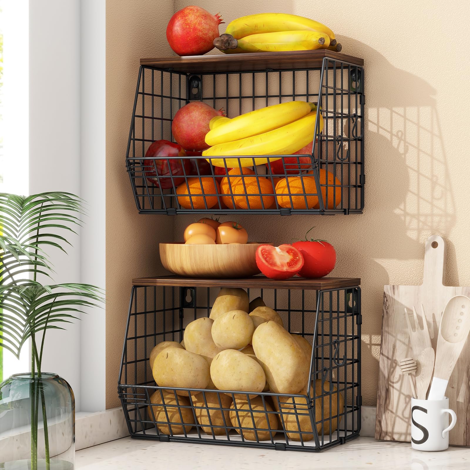 Mefirt Fruit Basket with Banana Hanger – Stackable 2-Tier Metal Storage Rack