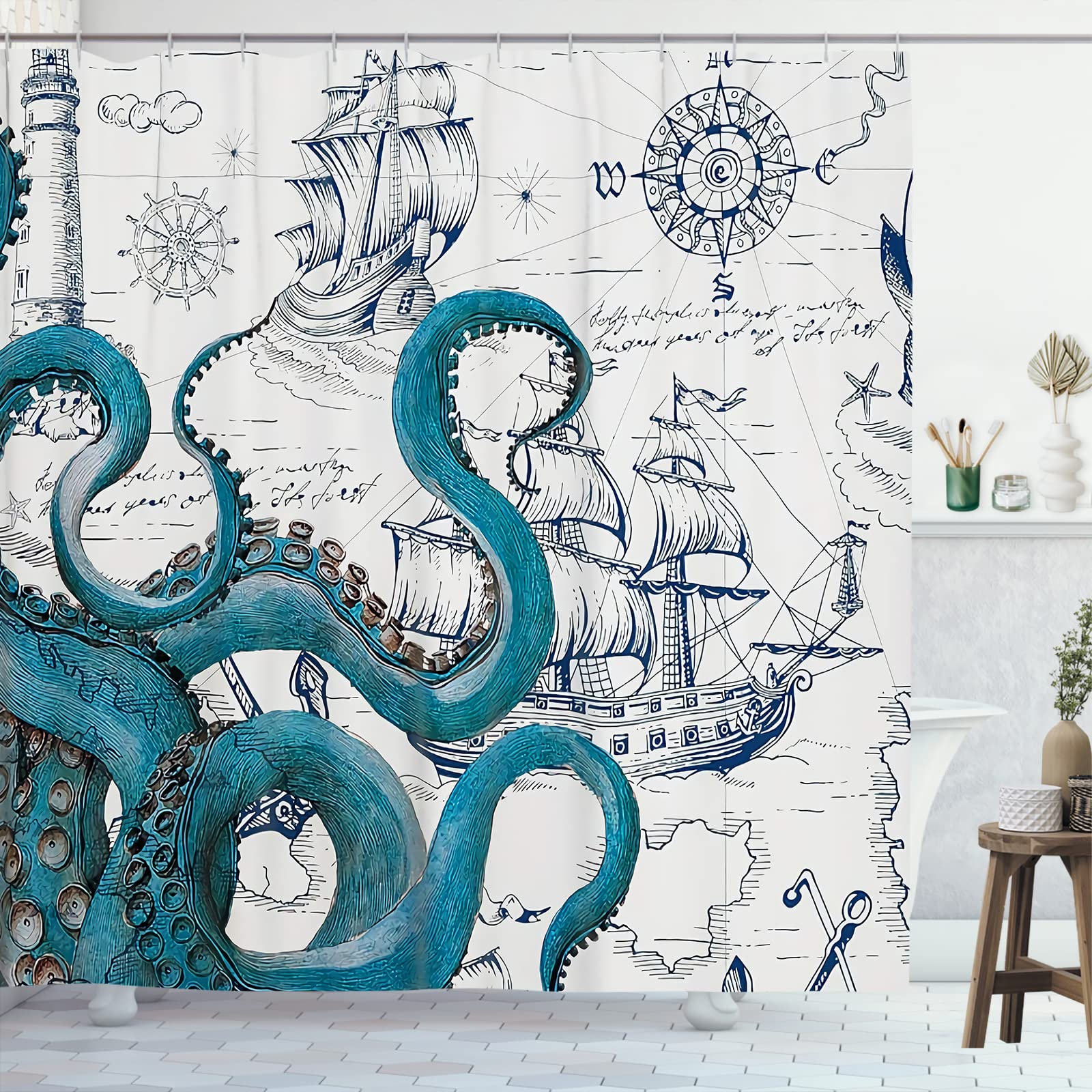 GOOESING Teal Octopus Kraken Nautical Shower Curtain | Waterproof Polyester