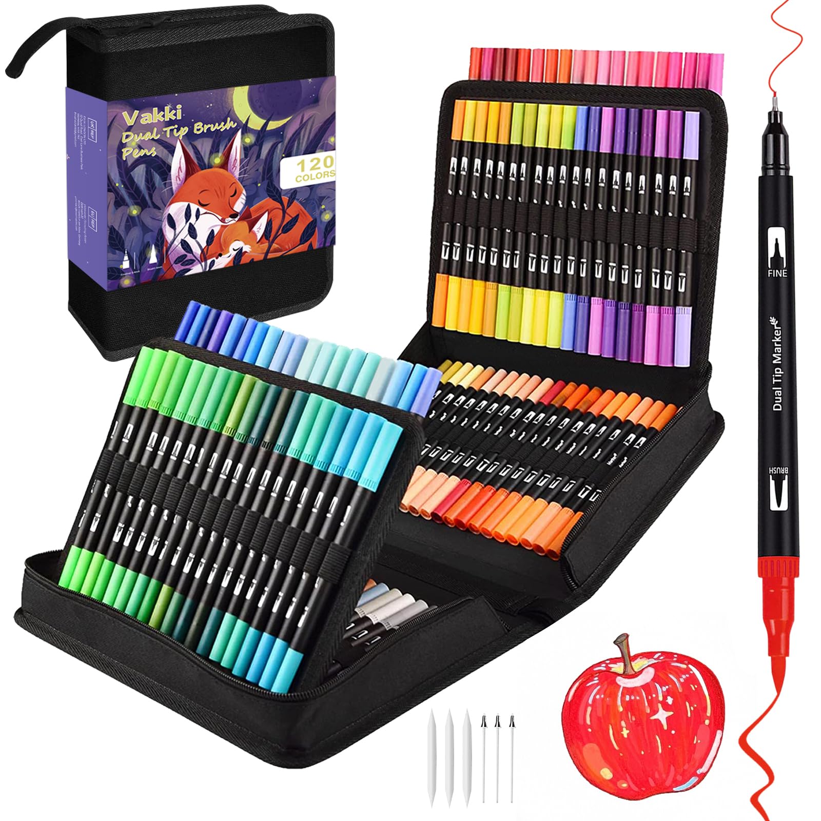 VAKKI 120 Dual Tip Colouring Pens | Water-Based Brush Art Markers