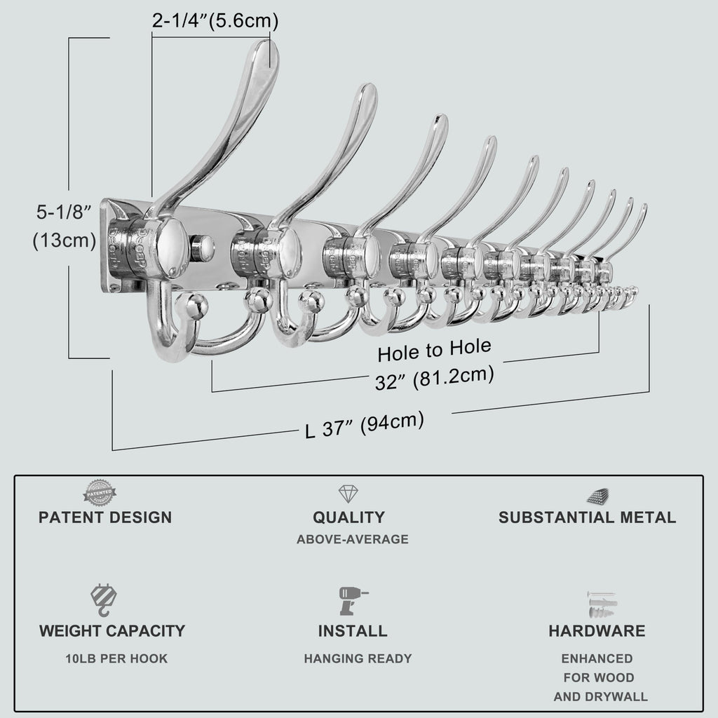 Dseap Coat Rack Wall Mount 94cm, Heavy Duty 2.5mm Base vs Flimsy 1mm, Double-Thick Solid Anti-Snap Hooks - image 5