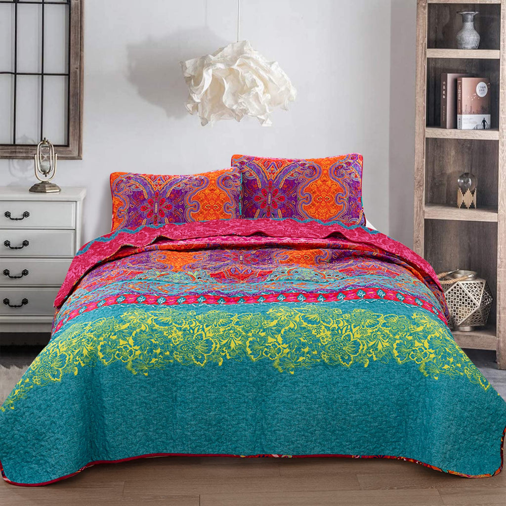 WONGS BEDDING King Size Reversible Boho Floral Bedspread Quilt Set