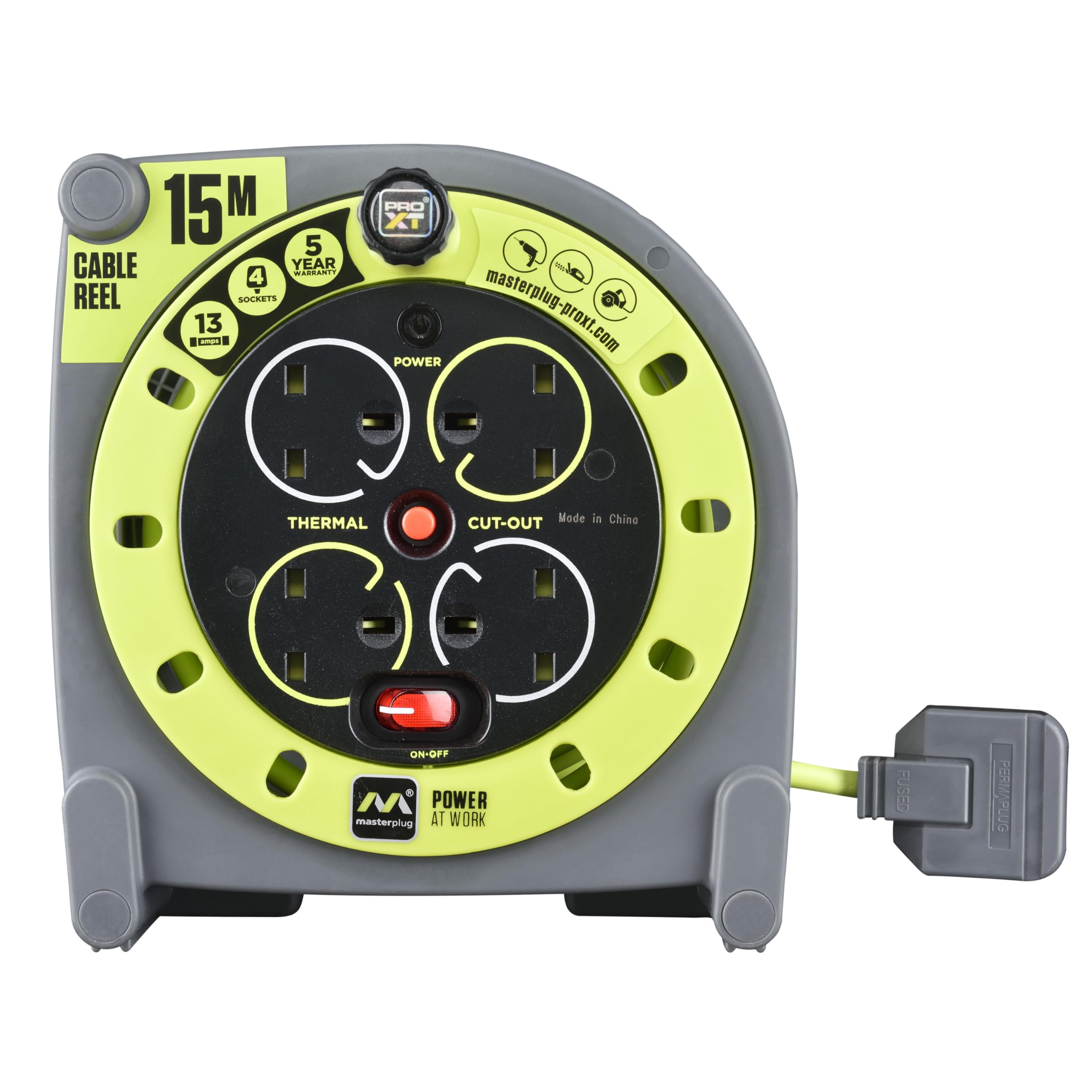 Masterplug Pro-XT 15m Extension Reel – 4 Socket Heavy Duty Case Reel