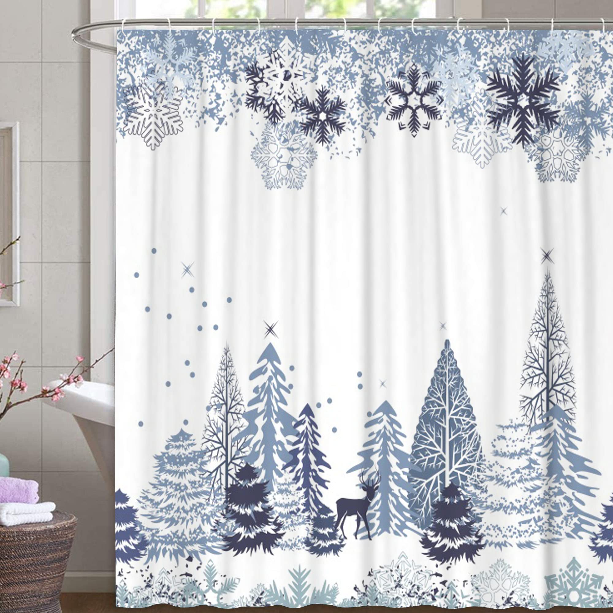 M&W DAS DESIGN Christmas Shower Curtain | White Anti-Mould Polyester