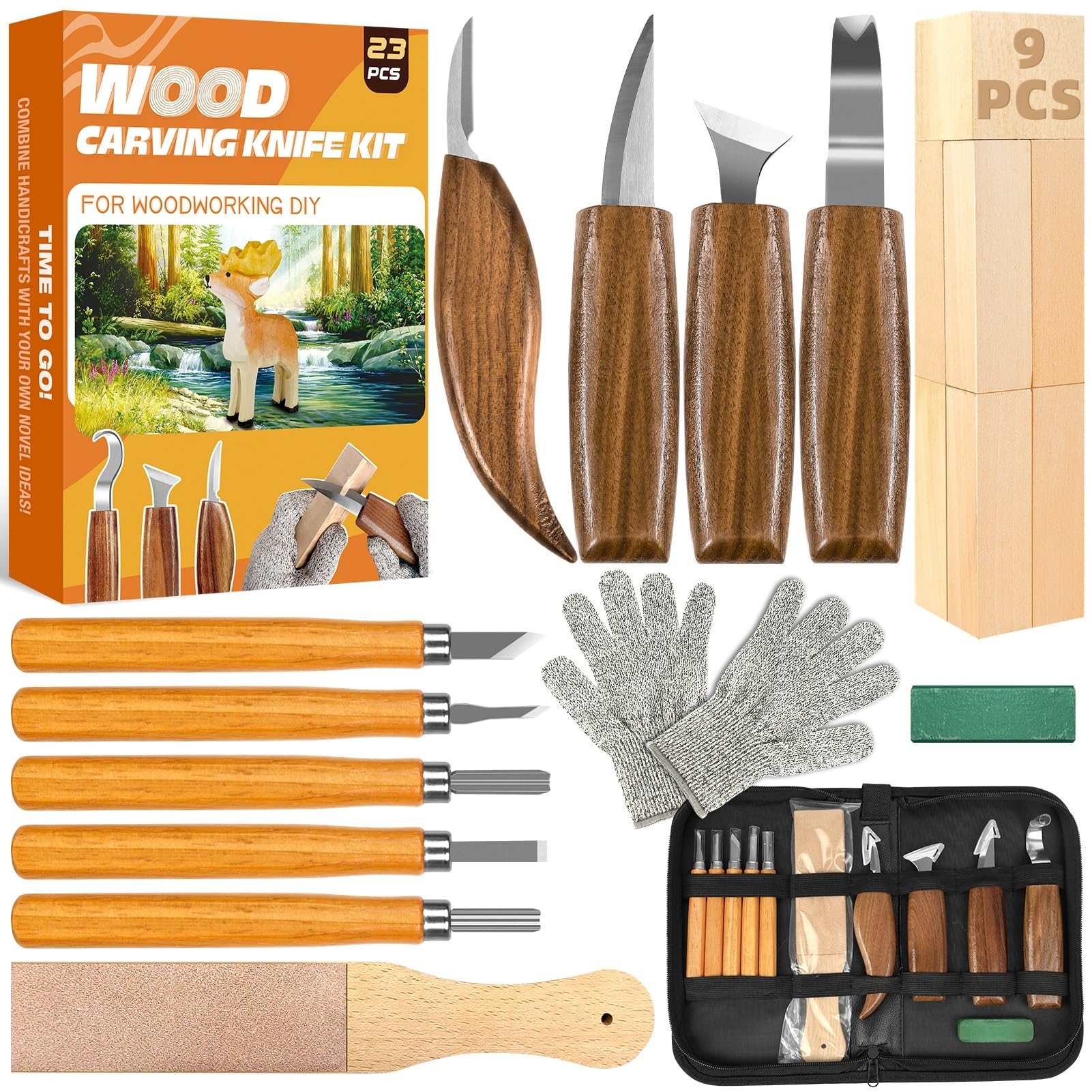 K KERNOWO 23-Piece Wood Carving Kit | Whittling Set with Basswood Blocks