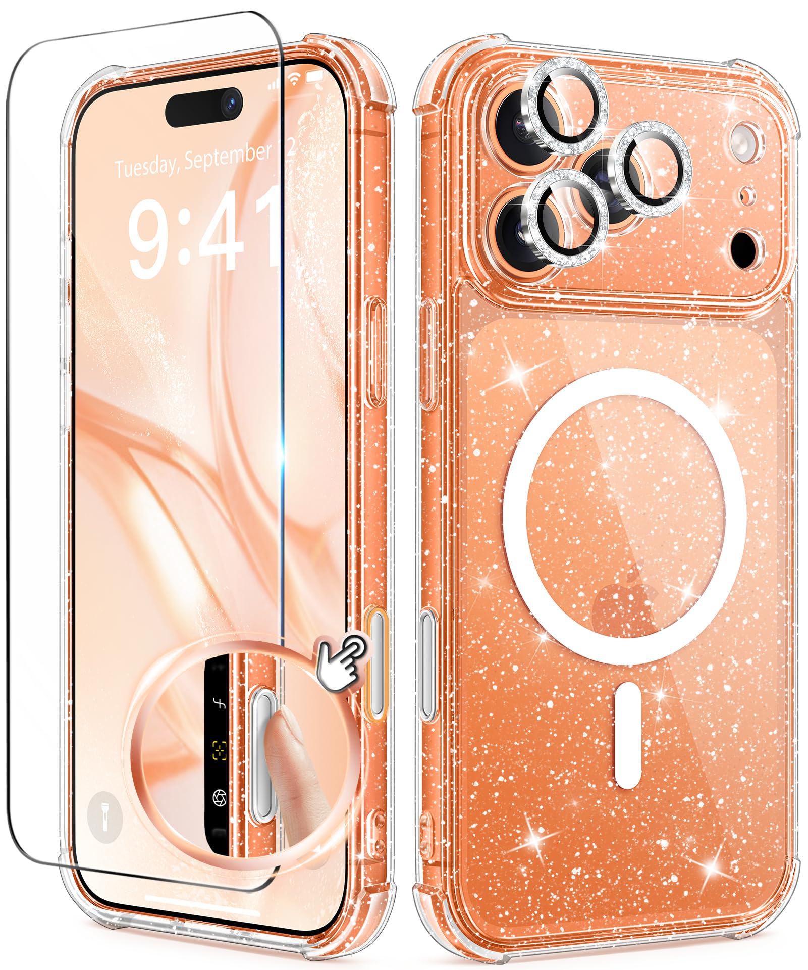BERFY iPhone 17 Pro Max Case – MagSafe Clear Glitter Shockproof Cover