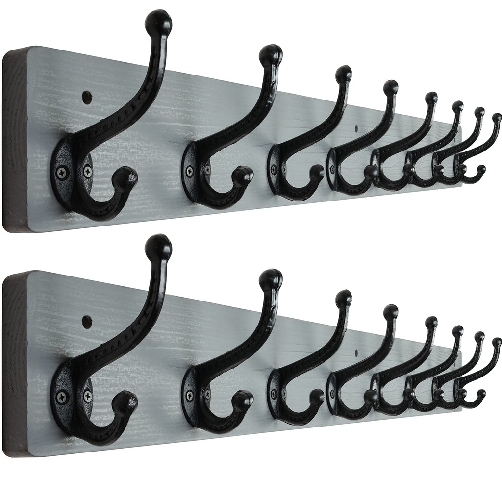 WEBI Rustic Solid Wood Wall Mount Coat Rack with 8 Cast Iron Hooks, Grey